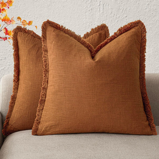 Foindtower Set of 2 Decorative Linen Fringe Throw Pillow Covers Cozy Boho Farmhouse Cushion Cover with Tassels Soft Accent Pillowcase for Couch Sofa Bed Living Room Home Decor, 26×26 Inch, Orange