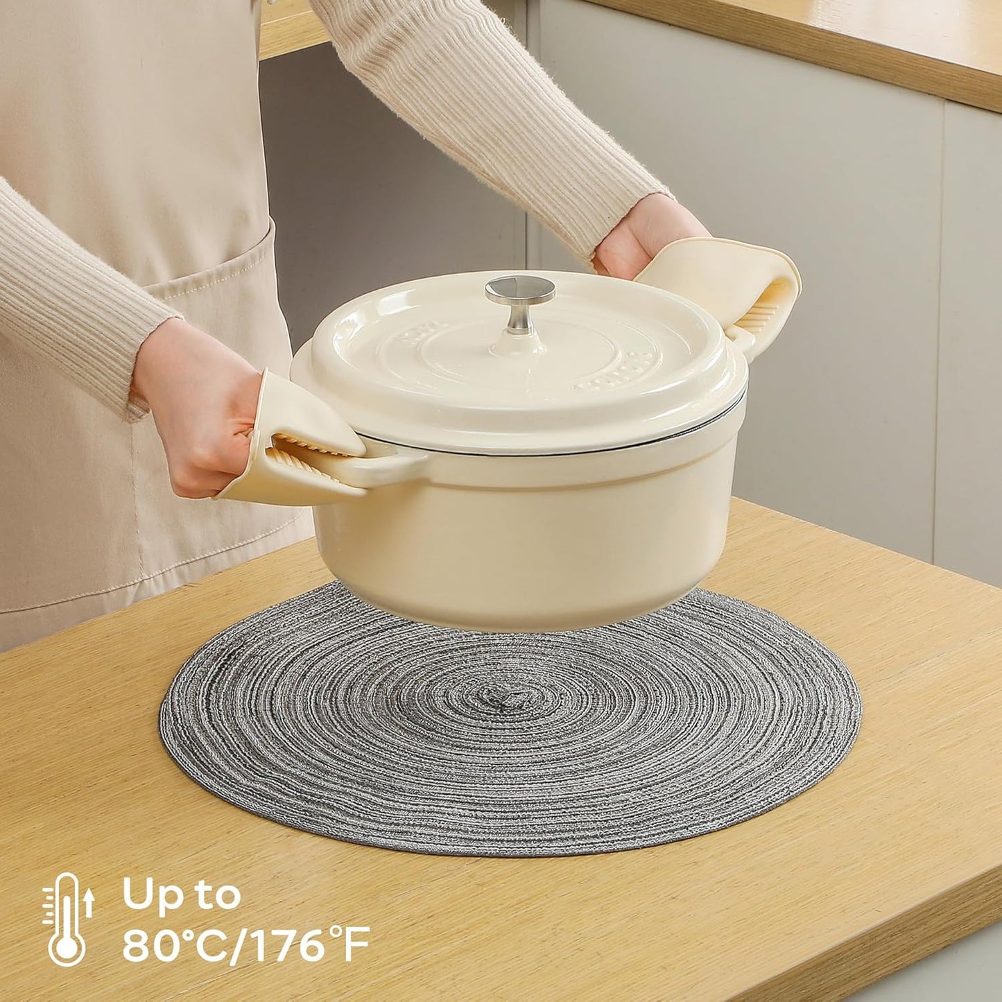 Leetaltree Round Placemats Heat and Slip Resistant Cotton Table Mats, Washable Bohemian Placemats for Dining Tables (Charcoal, Set of 6)