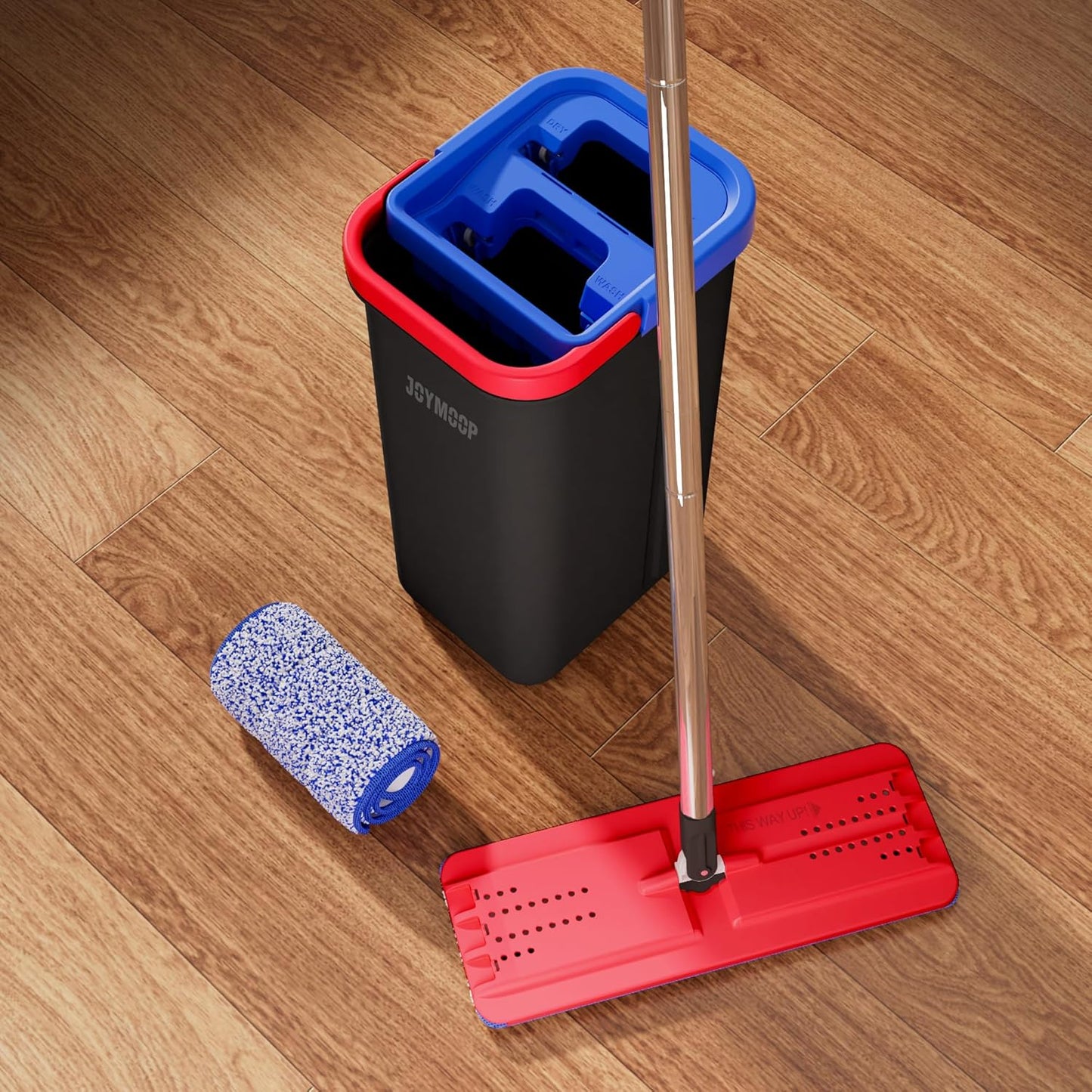 JOYMOOP Mop and Bucket Set for Home, Hands-Free Self-Cleaning System, with 3 Reusable Microfiber Mop Pads, Suitable for Floor Cleaning and Wall Cleaner - Black+Red+Slate Blue