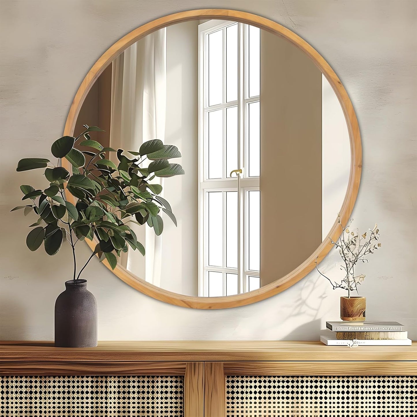 36" Bathroom Mirror, Round Wall Mirror with Wood Frame, Farmhouse Mirror for Wall Decor, Wall-Mounted Mirror for Bedroom, Living Room, Wood