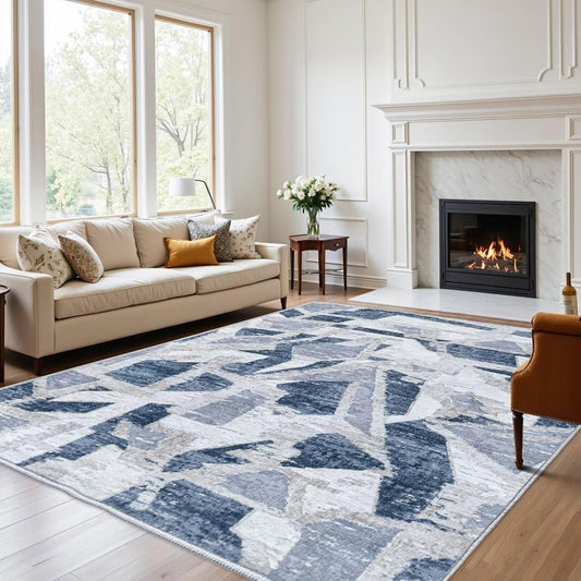 Modern Abstract Blue 8X10 Area Rug for Living Room Bedroom Washable, with Non-Slip Rubber Backing Print Faux Wool Thin, Throw Large Carpet for Kids Playroom Dining Room Pet & Child Friendly