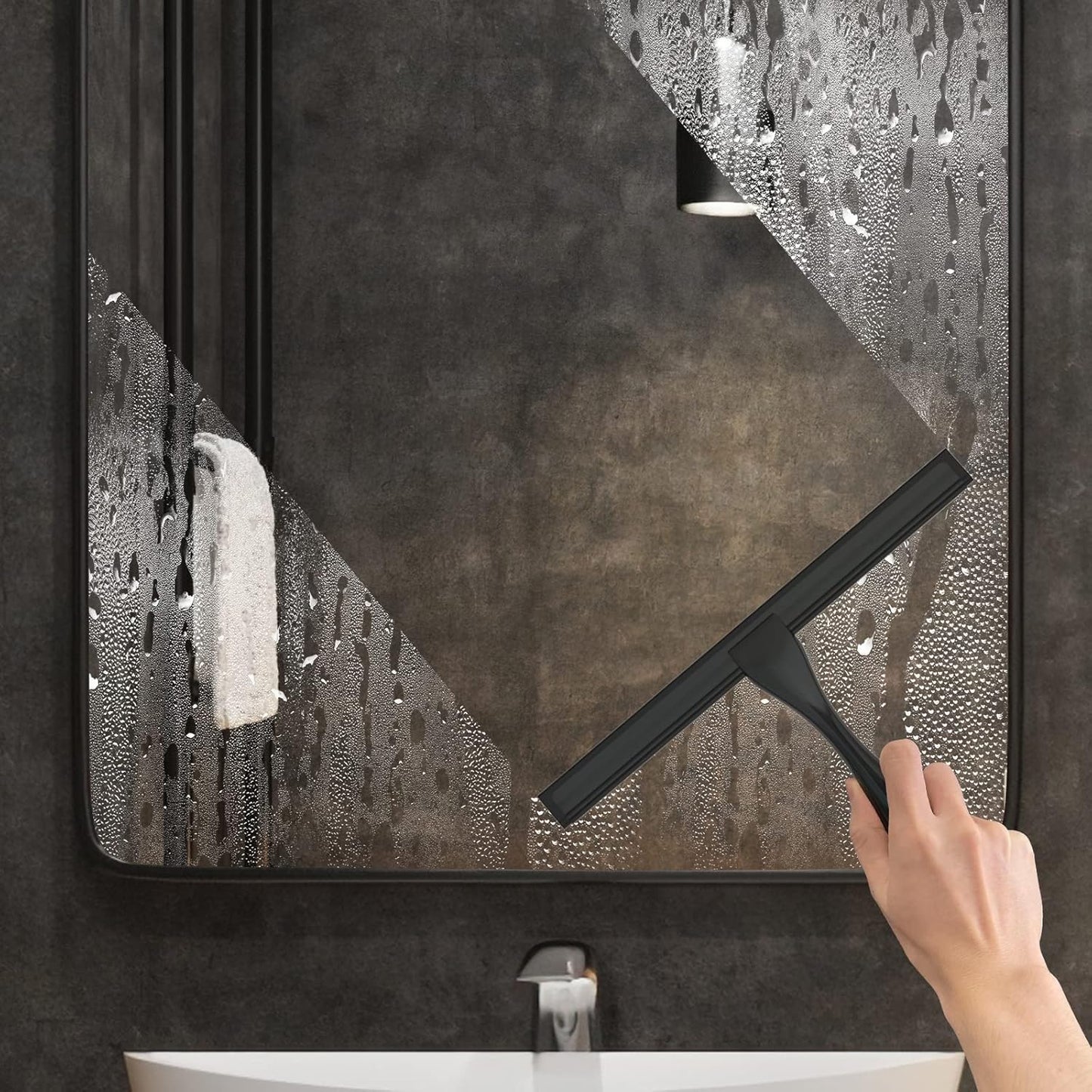 All-Purpose Stainless Steel Shower Squeegee for Shower Doors with 2 Adhesive Hooks, Bathroom Cleaner Tool Household Window Mirror Squeegee for Home Cleaning, Glass Door, Tile Wall, Car, 12 Inch Black