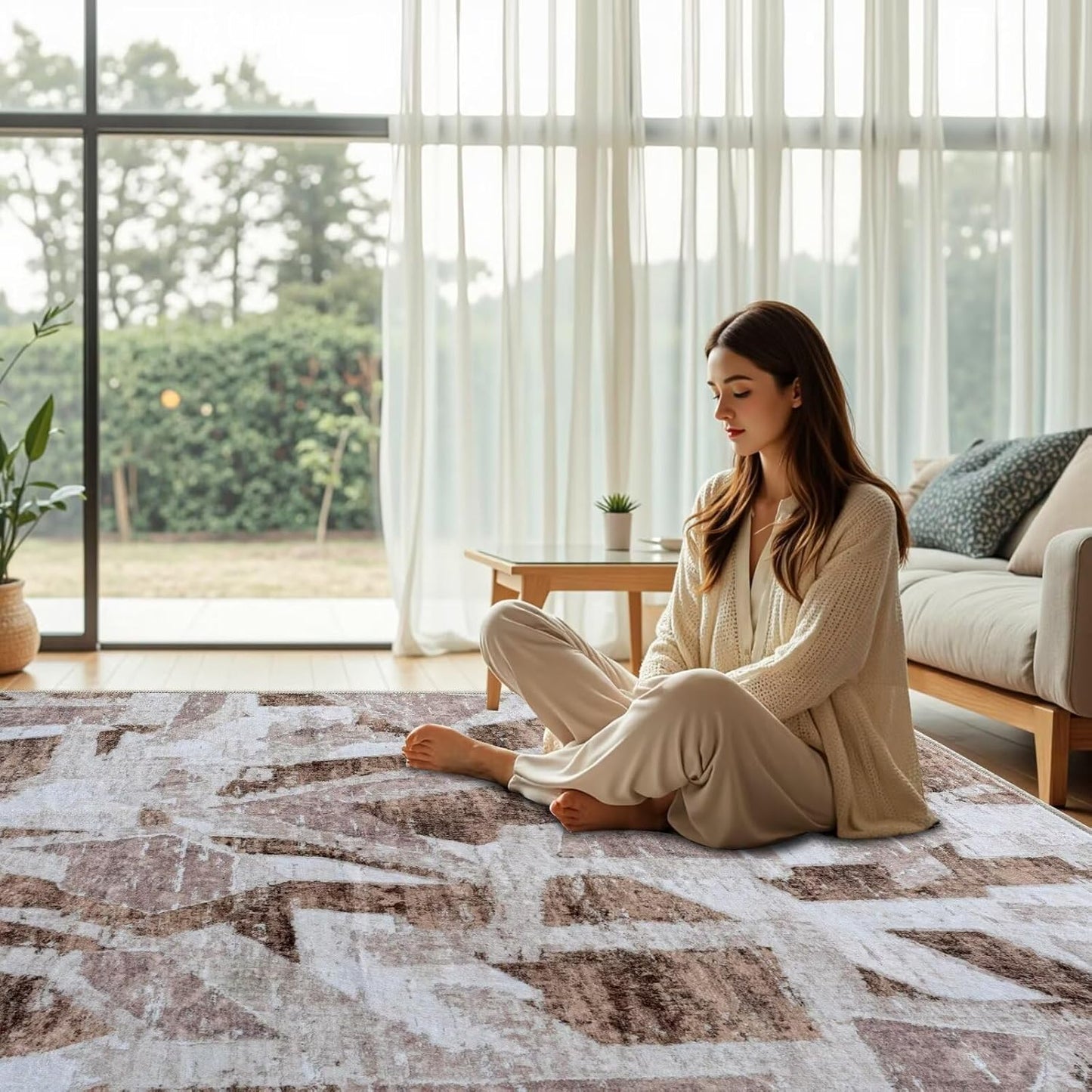 Modern Abstract 8X10 Area Rug for Living Room Bedroom Washable, Non-Slip Rubber Backing Print Faux Wool Thin, Brown Throw Large Carpet for Kids Playroom Dining Room Pet & Child Friendly