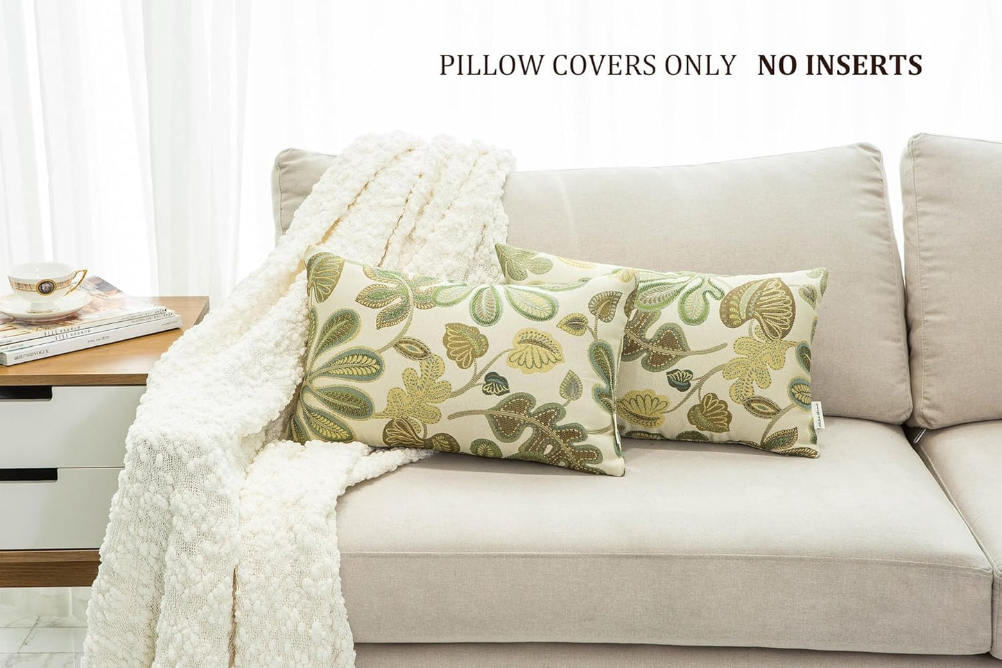 Set of 2 Jacquard Tropical Leaf Pattern Oblong Throw Pillow Covers Accent Pillowcase 12X20 Inches,Green Cream