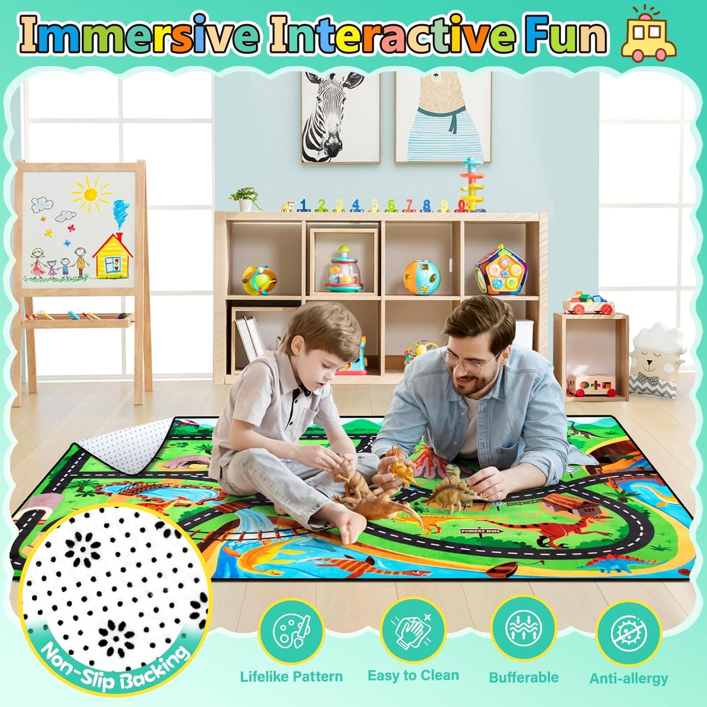 Kids Rug, Car Carpet for Kids' Toy Cars, 3x5 Ft Dinosaur Rug, Dino Safari Road Mat for Playroom, Educational Learning & Game Area Baby Play Mat Carpet for Children