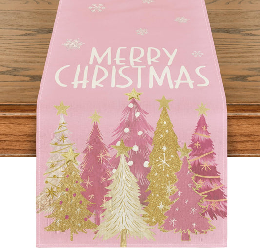 Artoid Mode Xmas Trees Snowflakes Pink Merry Christmas Table Runner, Winter Seasonal Kitchen Dining Table Decoration for Home Party Decor 13x108 Inch