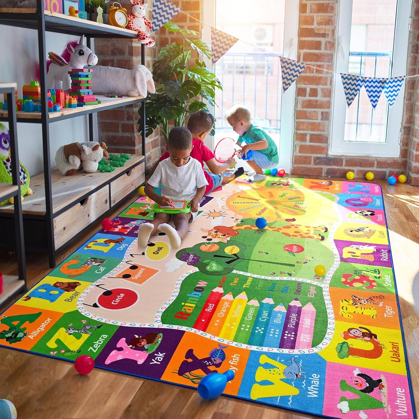 5x7 Playroom Rugs for Kids Washable, Educational and Fun Playmat with ABC Alphabet Animals Shapes Colors, Non-Slip Play Mat Learning Rugs for Baby Toddler Children Game Activity