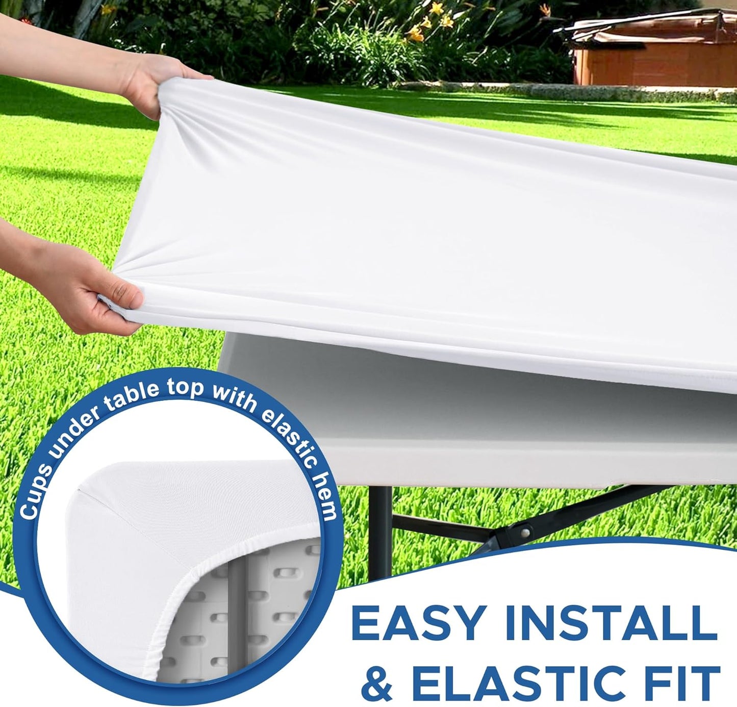 Fitted Tablecloth for 8 Foot Rectangle Tables-4 Pack White Elastic Outdoor Picnic Table Cover-Spandex Stretch Folding Table Cloths 8ft for Camping Dining Room Patio Kitchen Banquet Party