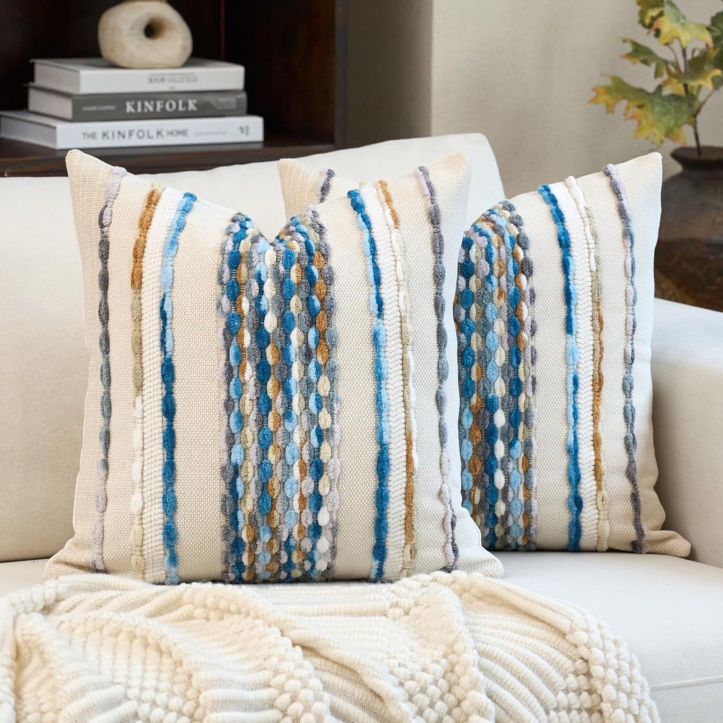 Aeckself Boho Pillow Covers 18x18 Inch Set of 2, Farmhouse Decorative Striped Square Chenille Tufted Accent Neutral Throw Pillow Covers for Living Room Couch Bed, Sky Blue