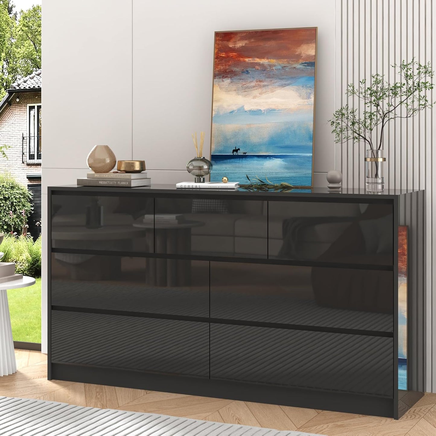 Black Malm Dresser for Bedroom, 55 Inch Long High Gloss Dresser with 7 Drawers, Modern Large Wood Chest of Drawer Handle Free, Living Room, Entryway, Hallway, Black