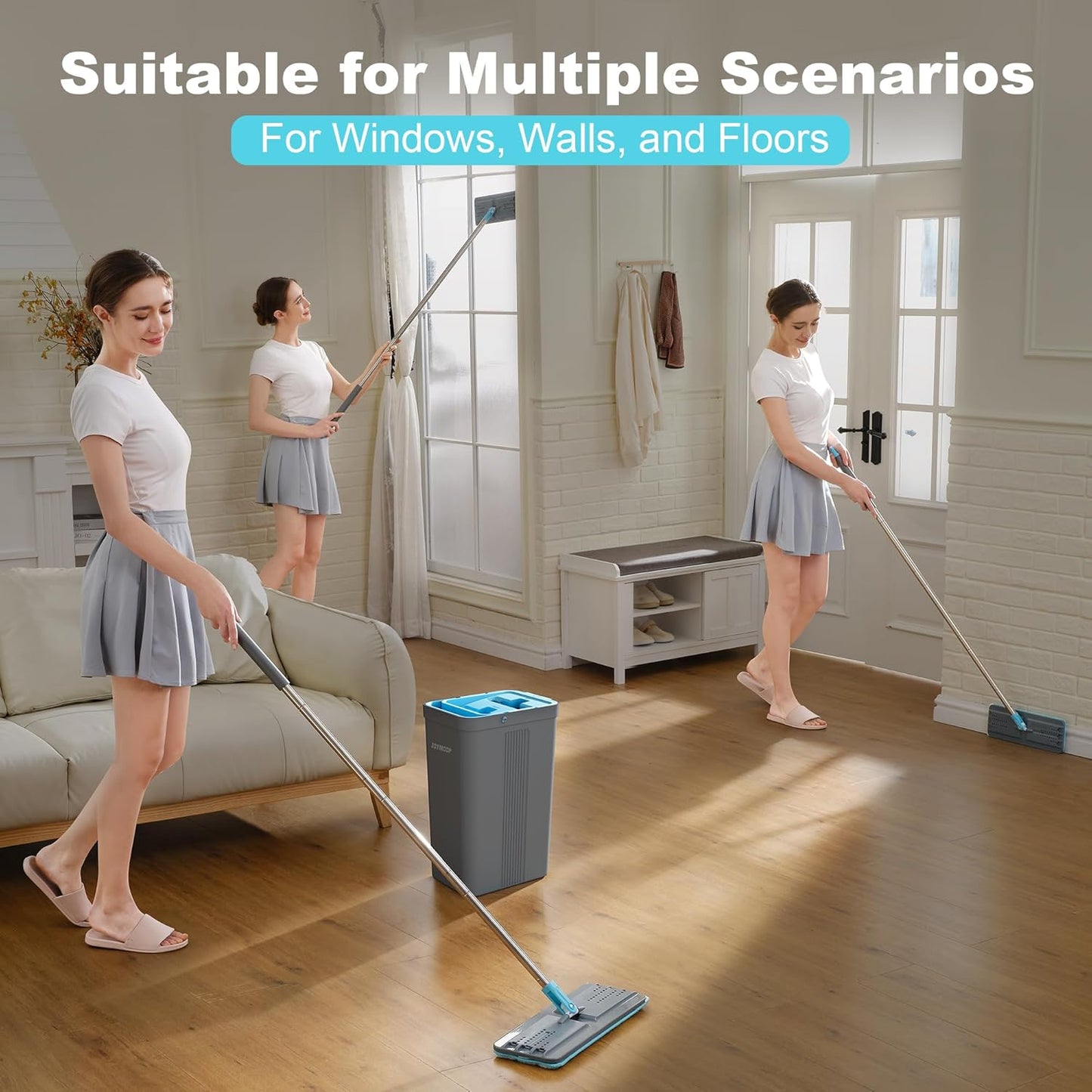 JOYMOOP Mop and Bucket Set with Wringer, Mops for Floor Cleaning, Wall Mop Cleaner with Long Handle, with 6 Reusable Microfiber Mop Pads - Grey+Cyan Blue