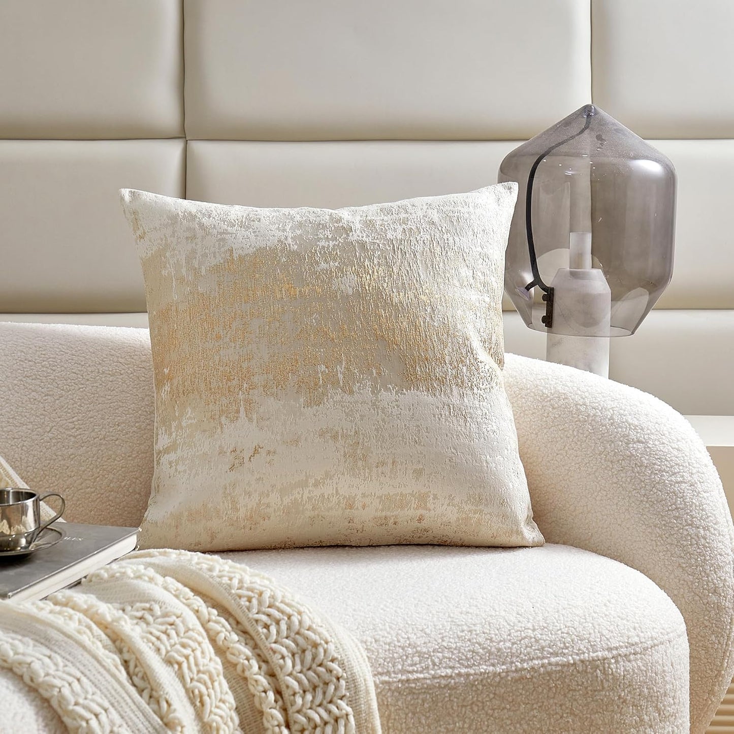 THE-TINOART Beige & Gold Accent Pillow Cover 18x18 - Gold Embroidery & Splashed Jacquard Design, Reversible Luxury Throw Pillow Cover with Velvet Backing for Couch, Bed, Chair