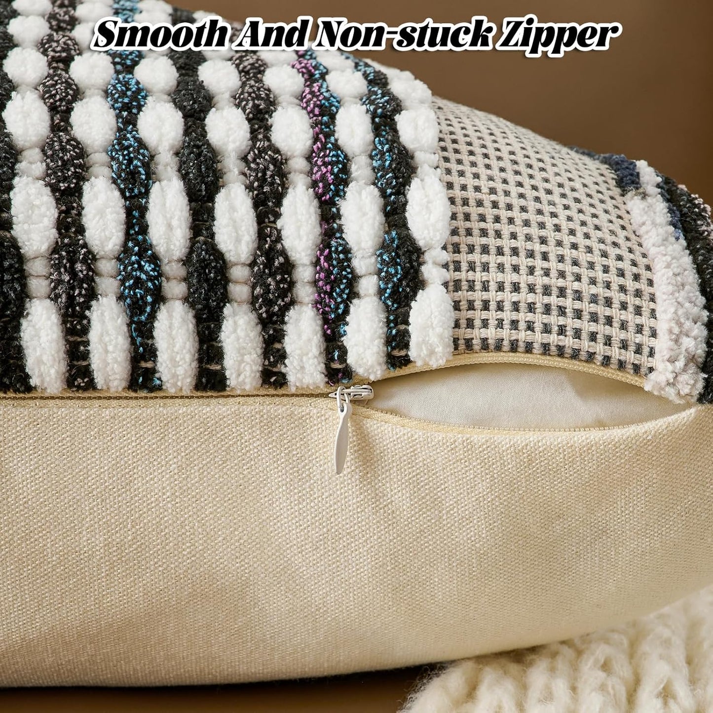 AmHoo Chenille Striped Textured Boho Throw Pillow Covers Aesthetic with Tassels Woven Decorative Pillow Case for Couch Bed Sofa Bedroom Modern Funky 18 x 18-Inch Black Multicolor