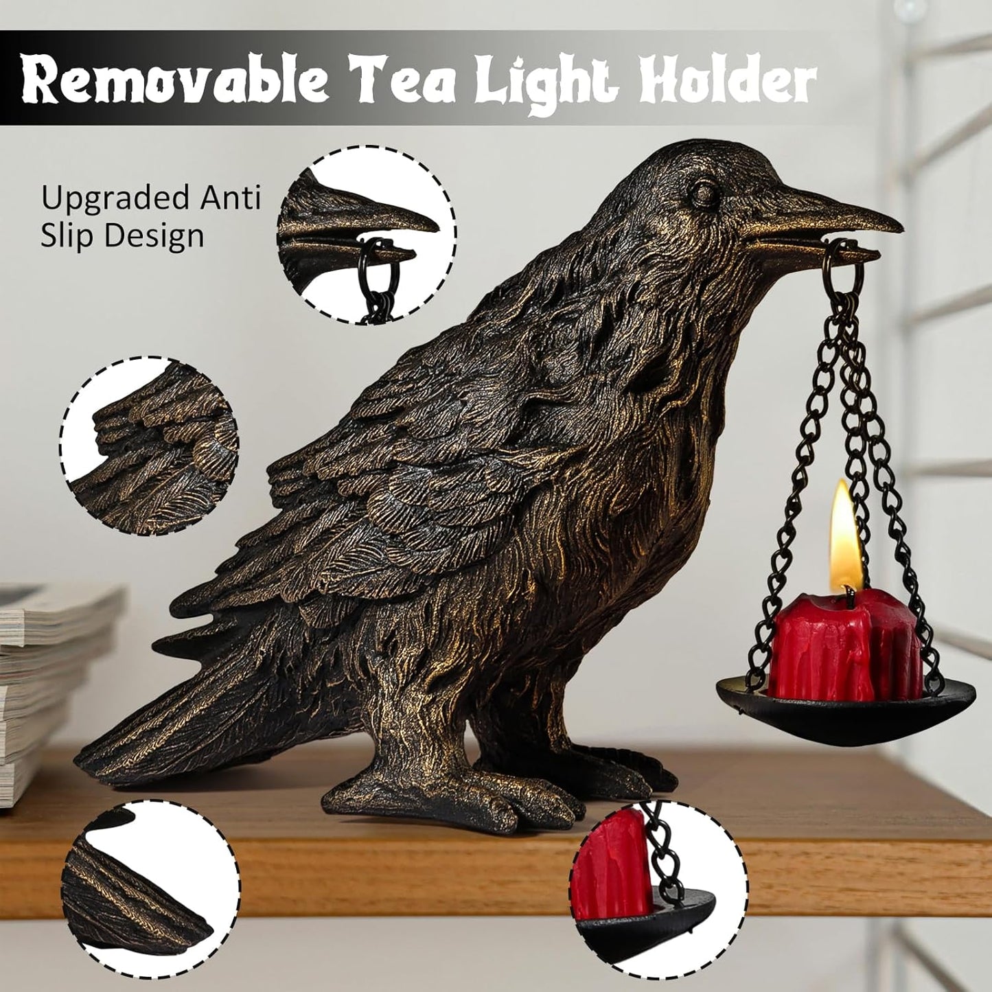Gothic Home Decor Fake Crow Light Holder Raven Lamp Tealight Candle Holder Resin Statue Half Gold