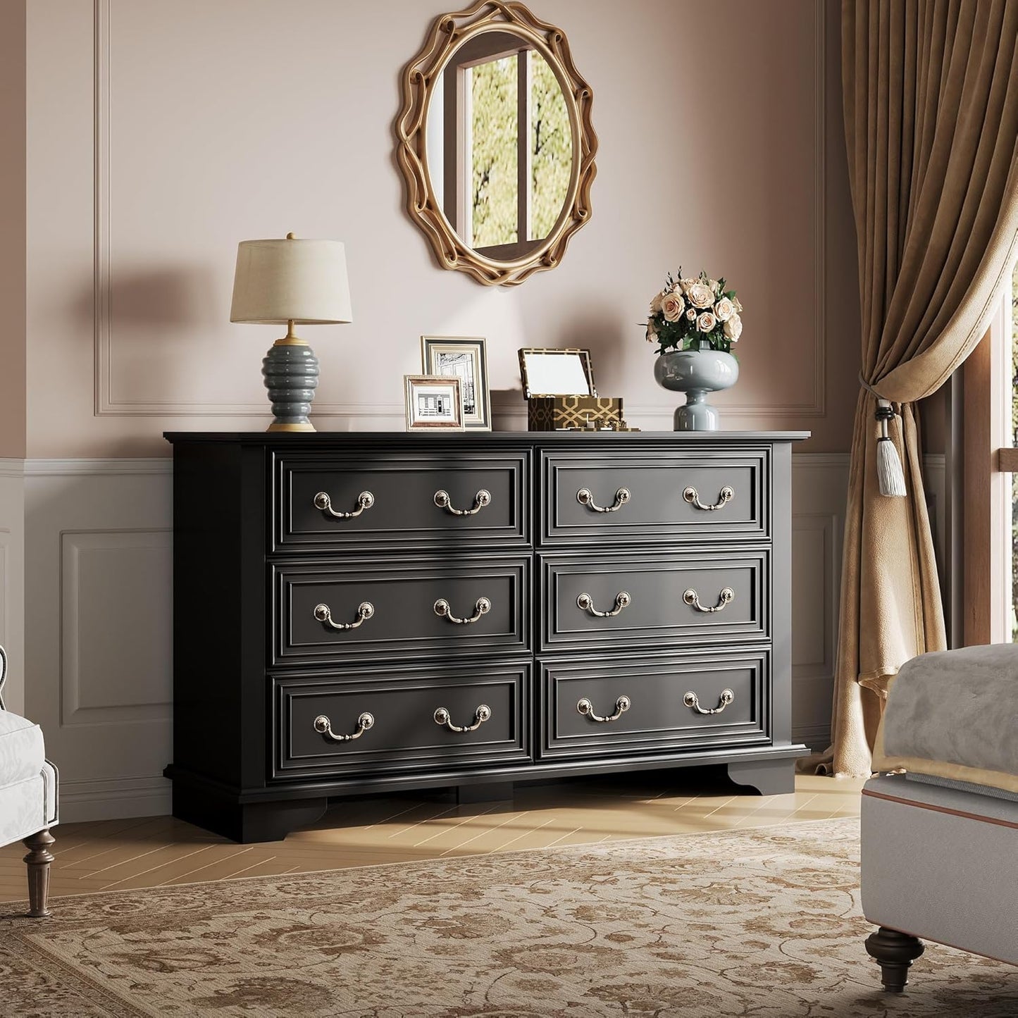 WLIVE Farmhouse Dresser for Bedroom, 51.97'' Wide Wood 6 Drawer Dresser, Chest of Drawers with Roman Metal Handle, TV Stand for 60 inch TV, for Living Room, Hallway, Black