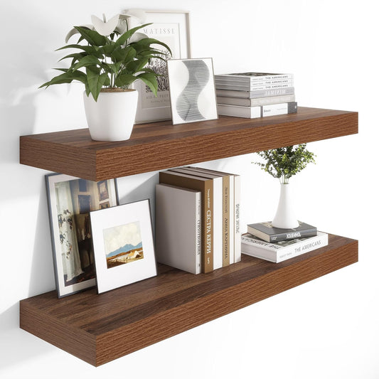 Heimlove 12 Inch Deep Floating Shelves, 48 x 12 inches Long Wall Shelf, Large Display Shelf & Storage Shelf, Rustic Wood Wall Shelves for Fireplace Mantel, Set of 2(Walnut)
