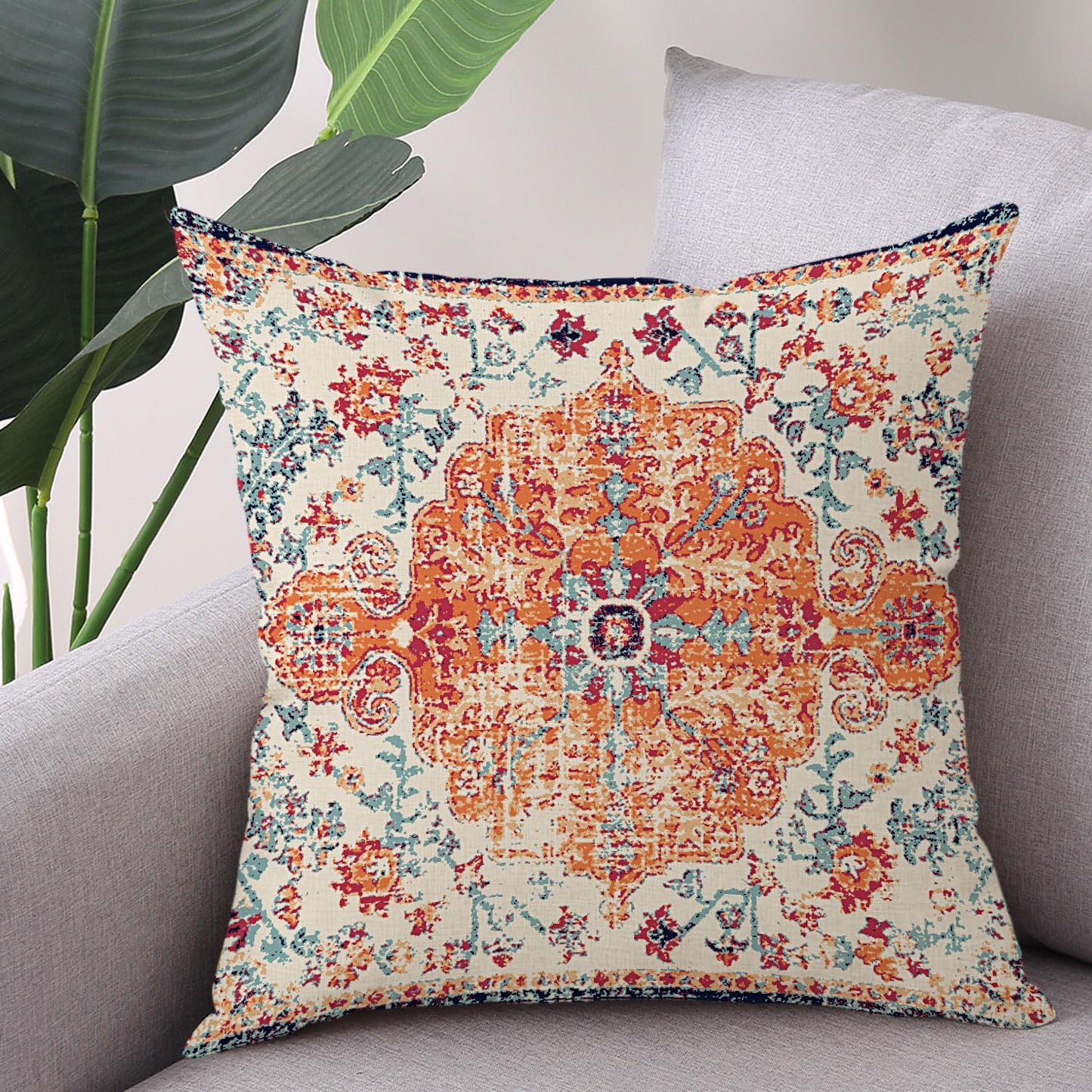 Outdoor Waterproof Pillow Covers 16X16 Inch Set of 2 - Bohemian Vintage Carpet Pattern Orange Blue Ethnic Design Decorative Farmhouse for Couch Garden Balcony