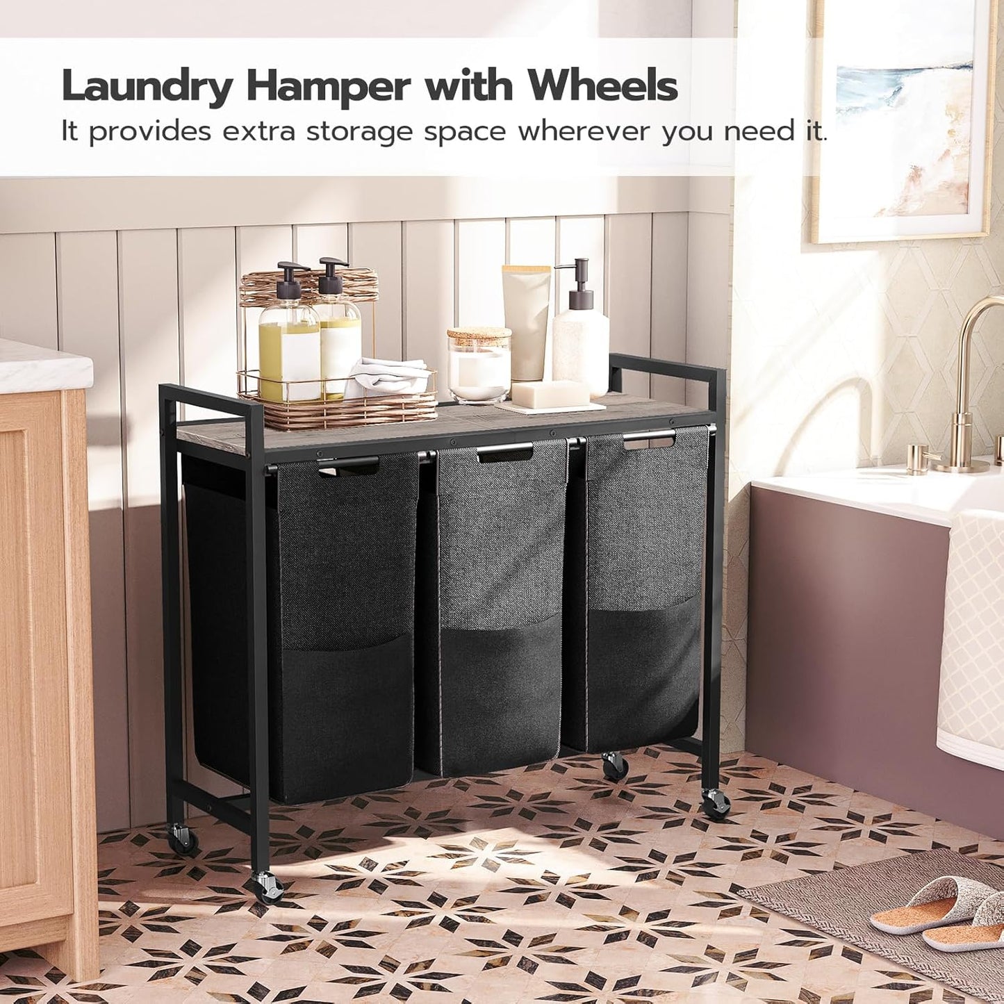 HOOBRO Laundry Sorter 3 Section, Laundry Hamper with Wheels, 3 × 11.5 Gal (43.4L), Rolling Laundry Basket, Pull-Out and Removable Oxford Fabric Bags, Greige and Black BG76XY01