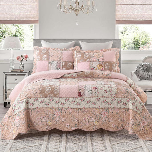 Yvooxny Quilts King Size Patchwork Pink Floral Quilt Set Vintage Shabby Chic Botanical Floral Quilted Bedspread 3-Piece Quilt Set with Ruffle for All Seasons, King Size, 106 * 98 Inches