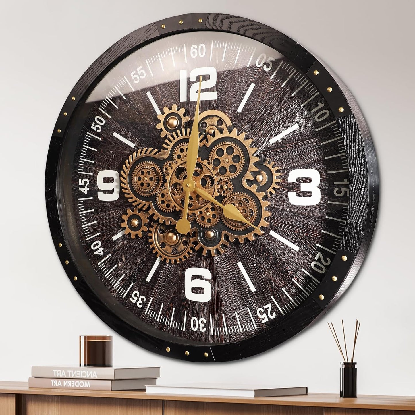 Wall Clocks for Living Room Decor, Large Real Moving Gears Clock, Vintage Industrial Oversized Rustic Farmhouse Kitchen Office Fireplace Wall Decor (Grey Black, 27 inch)
