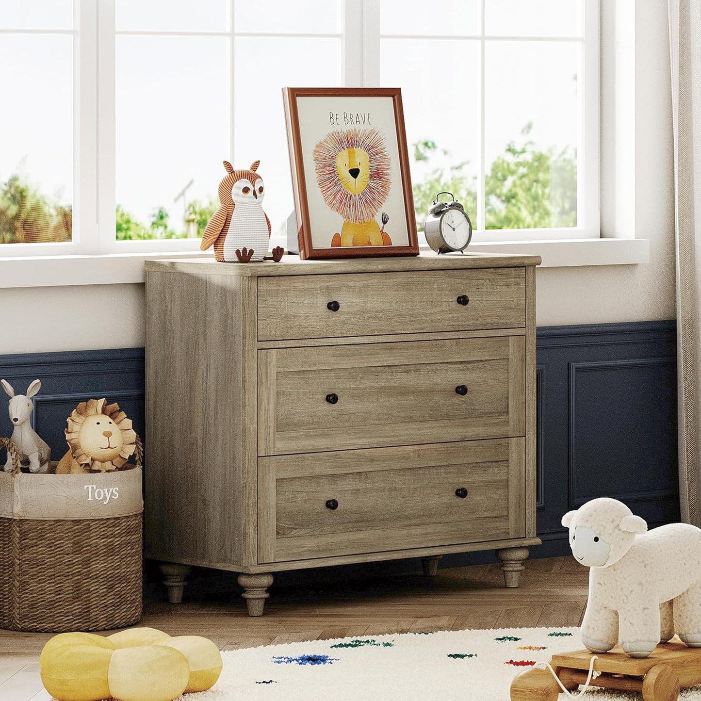 WAMPAT Baby Dresser for Bedroom with 3 Drawers, Kids Dressers with Wide Chest of Drawers, Modern Wooden Closet Storage Organizer, Small Dressers for Living Room, Nursery, Hallway, Rustic Oak