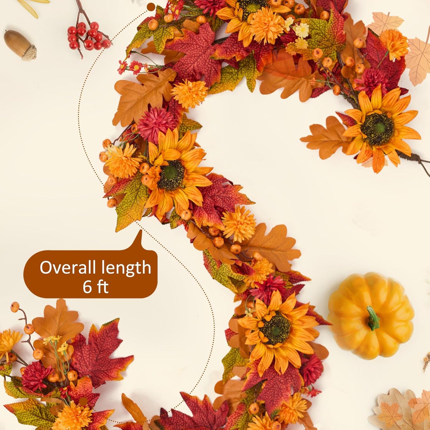 GENMOUS 6ft Fall Maple Leaves Garland, Artificial Sunflower Autumn Wreath with Small Pumpkins Home Decor for Thanksgiving, Halloween, Wedding, Fireplace Porch Indoor Outdoor Fall Decoration