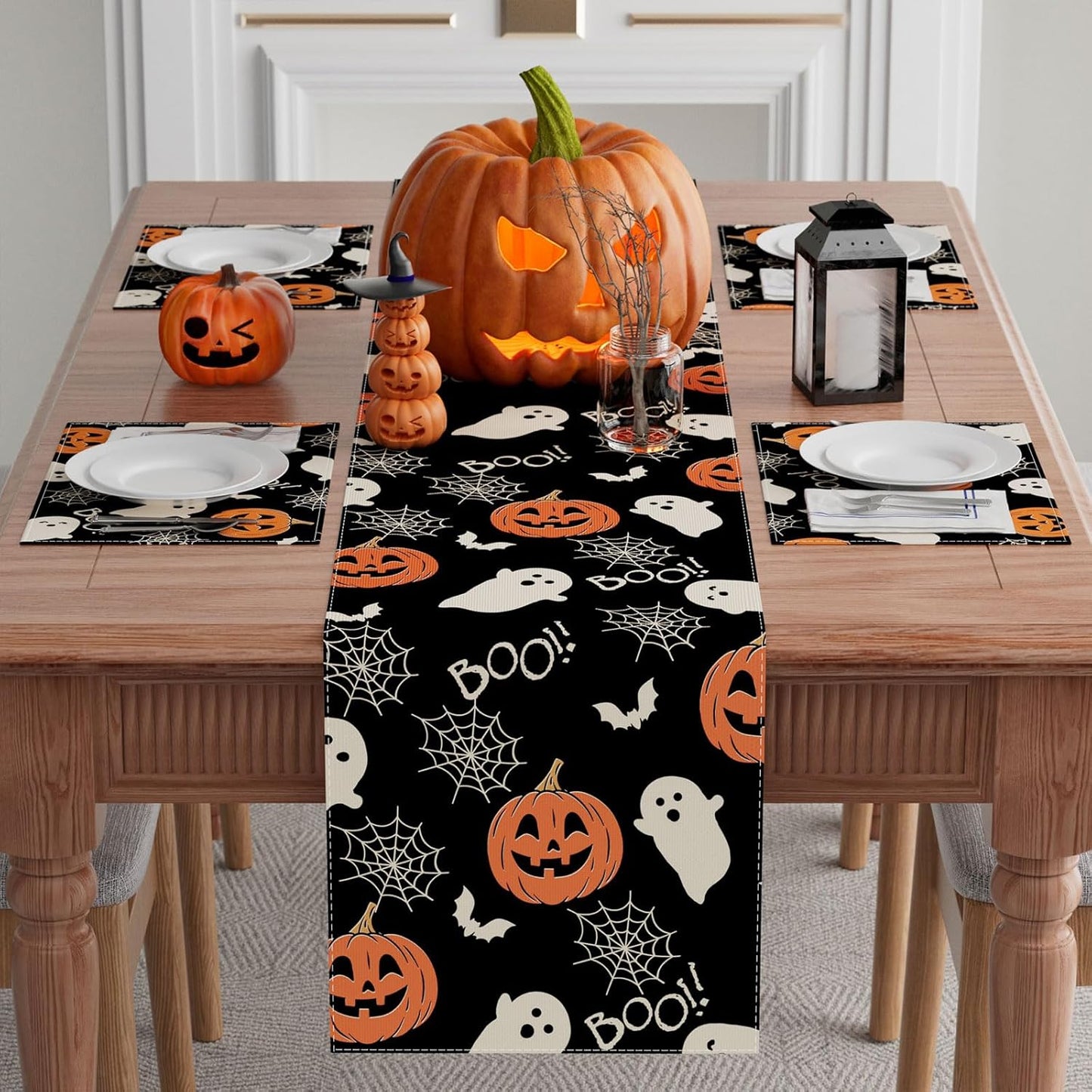 XCHI Boo Spooky Ghost Pumpkin Halloween Table Runner Burlap Table Decoration for Home Kitchen Dining Dinner Indoor Holiday Farmhouse Decor 13x120 Inch