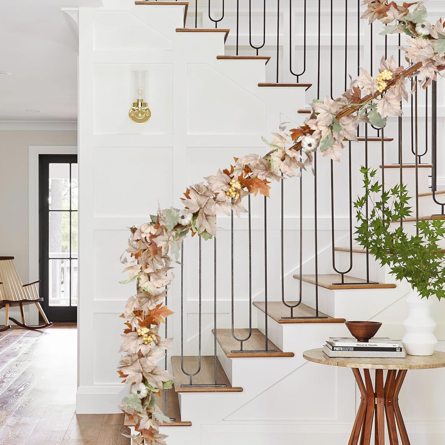 Lvydec 2 Pack Fall Maple Garland - 5.9ft/Piece Artificial Fall Foliage Garland Colorful Autumn Decor for Home Wedding Party (White&Green)