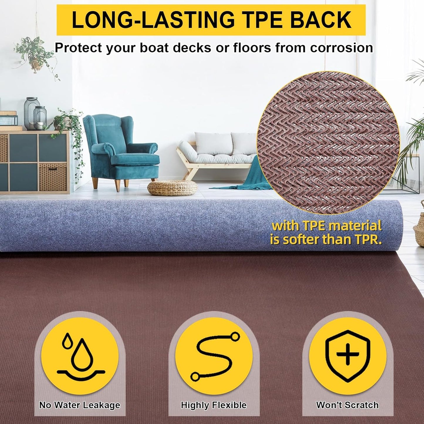 Marine Carpet,6 FT x 10 FT Blue-Gray Indoor Outdoor Carpet 0.2" Thick Boat Carpet with Water-Proof TPE Backing, Non-Slide Outdoor Marine Carpet Roll for Home, Patio, Porch, Deck