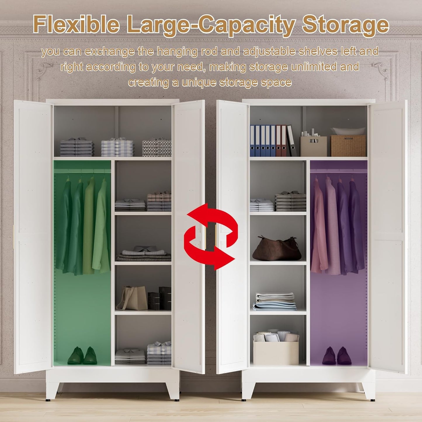 71'' Farmhouse Metal Wardrobe Cabinet with Hanging Rod, 2 Barn Door Wardrobe Closet with 5 Adjustable Shelves,Drawer,for Dining Room,Bedroom,Living Room, Cloak Room,Office (White)