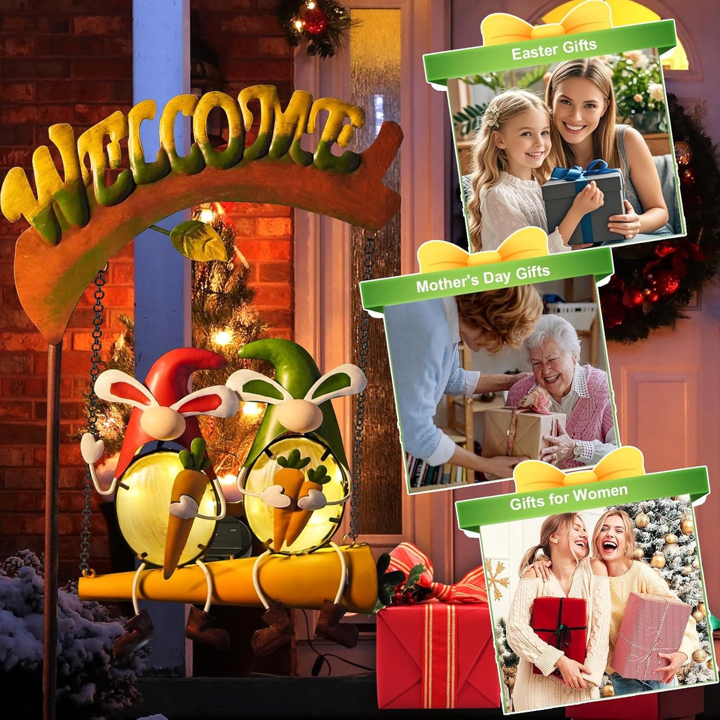 HONGLAND Solar Lights Outdoor Decor, Gnomes Swing Garden Decor, Funny Gardening Gifts for Women Mom, Gnome Outdoor Decorations with Welcome Sign for Front Porch Patio