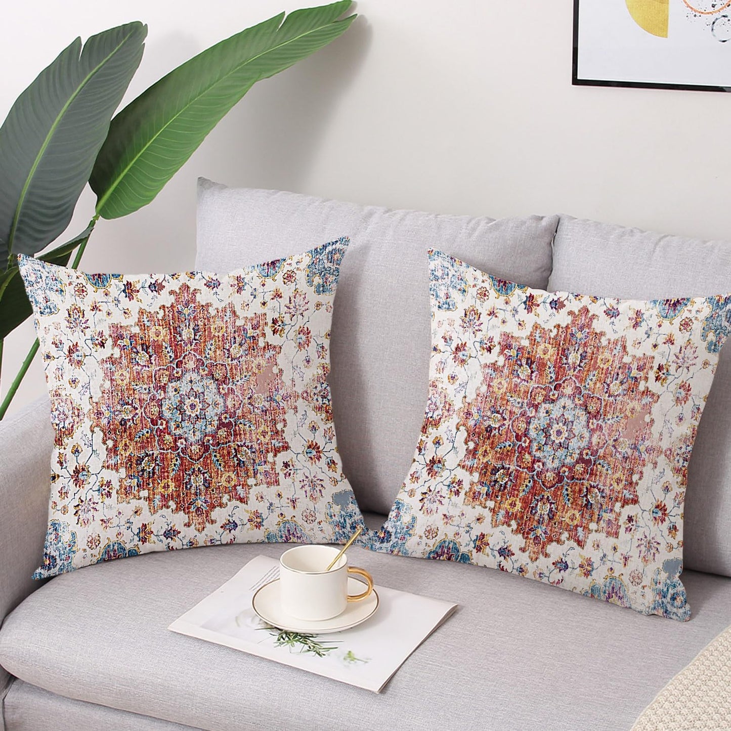 Outdoor Waterproof Pillow Covers - 18 X 18 Inch Set of 2 Blue Orange Bohemian Vintage Carpet Pattern Decorative Farmhouse Pillow Covers for Couch Garden Balcony