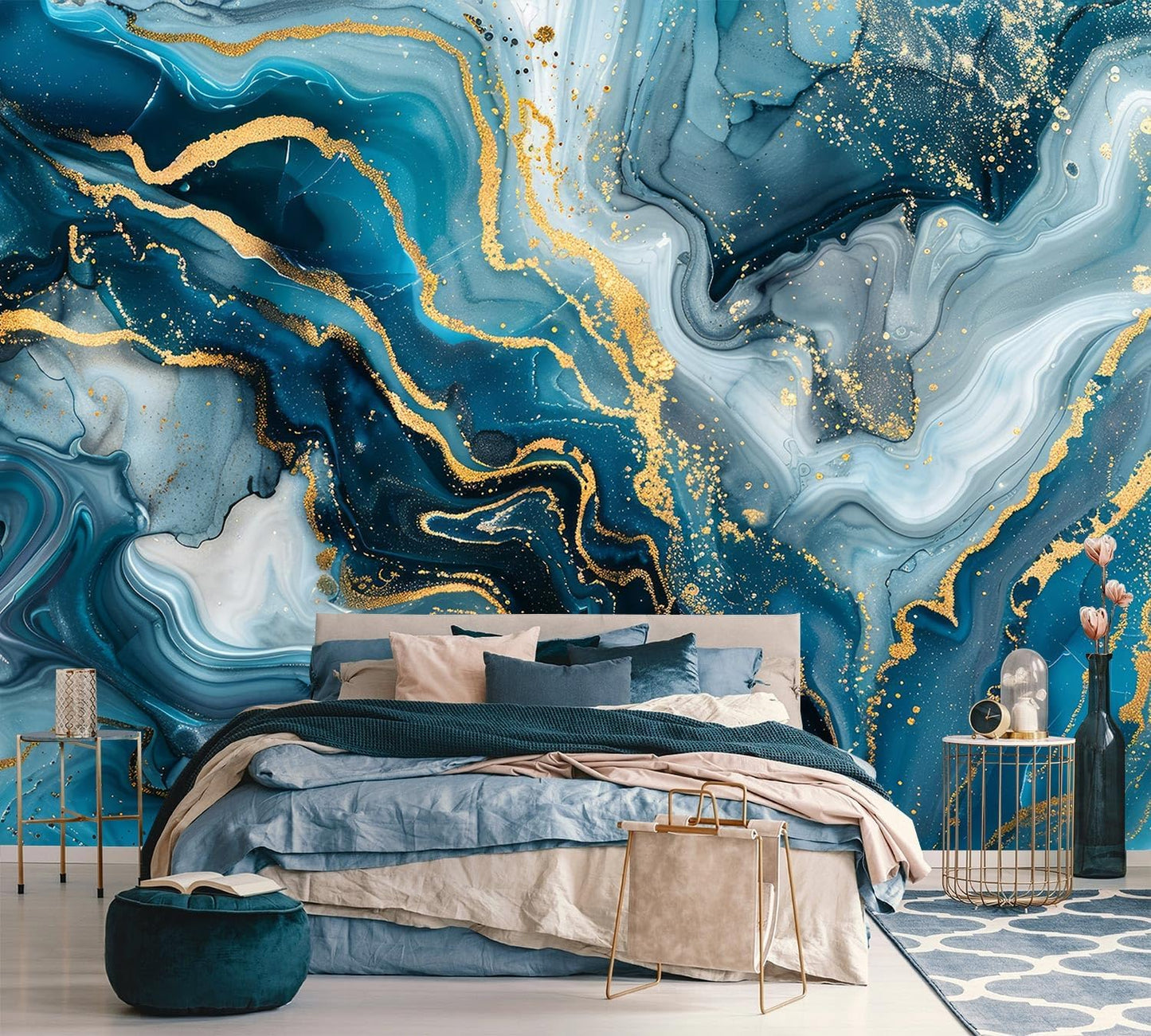 AFZEVEB-Blue and Gold Marble Wallpaper Abstract Art Wall murals for Bedroom 159"x107" (Not Peel and Stick)