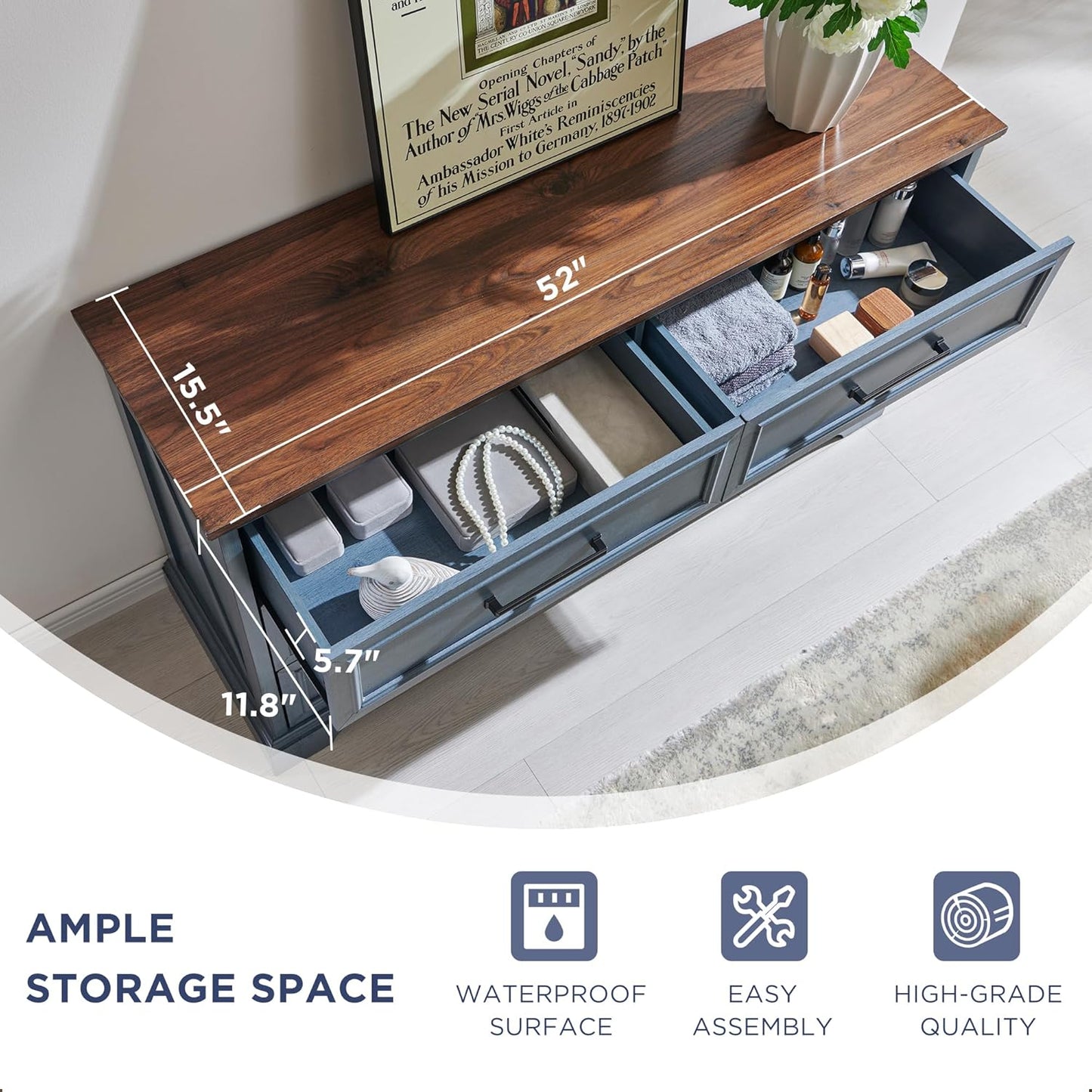 Farmhouse 6 Drawer Dresser for Bedroom, 52 Inch Wide Modern Dresser TV Stand with Large Drawers & Bar Handles, Rustic Wood Chest of Drawers for Bedroom, Living Room, Hallway, Blue