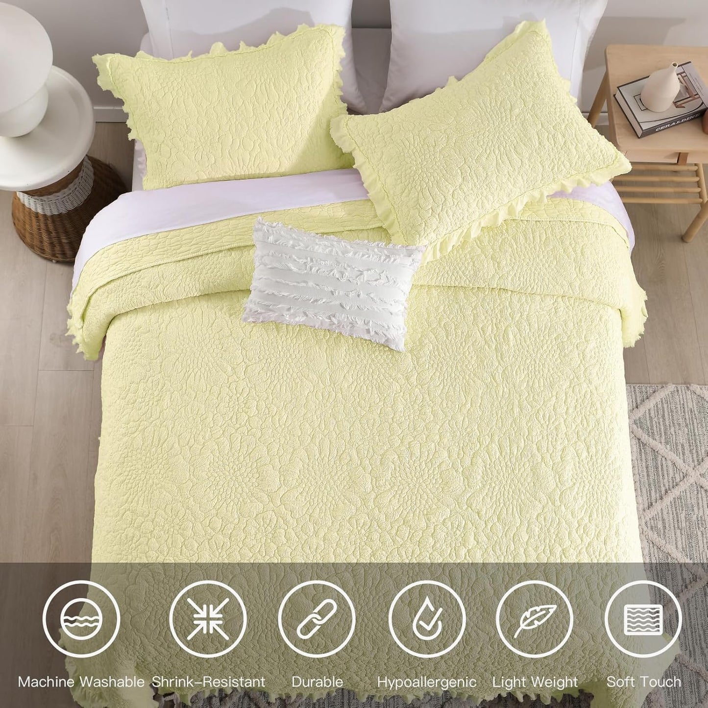 Light Yellow Ruffled Quilt Queen Size, Stone-Washed Microfiber Lightweight Crinkled Farmhouse Rustic Shabby Chic Bedding Set, 3 Pieces Reversible Bedspread Coverlet with Pillow Shams for All Season