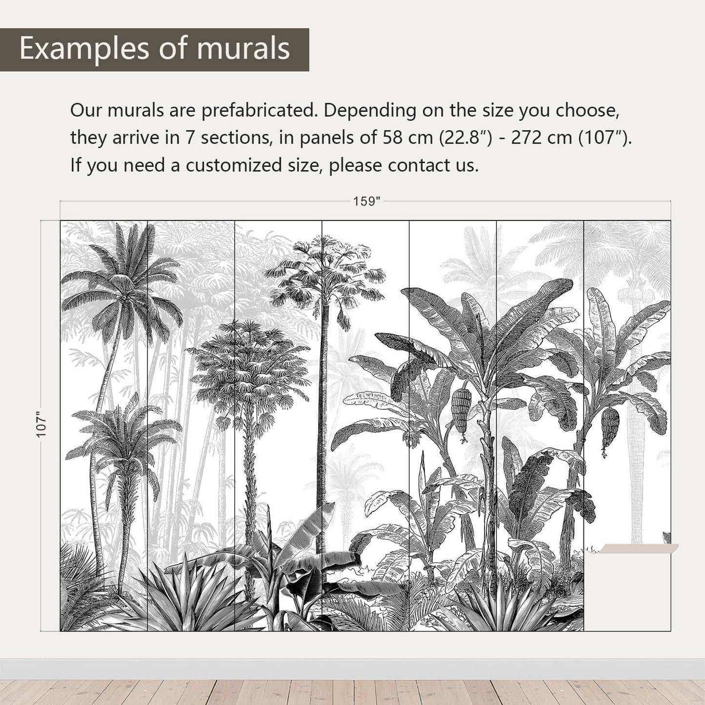 AFZEVEB-Black and White Jungle Wallpaper Hand-Painted Tree Wall murals for Bedroom 159"x107" (Not Peel and Stick)
