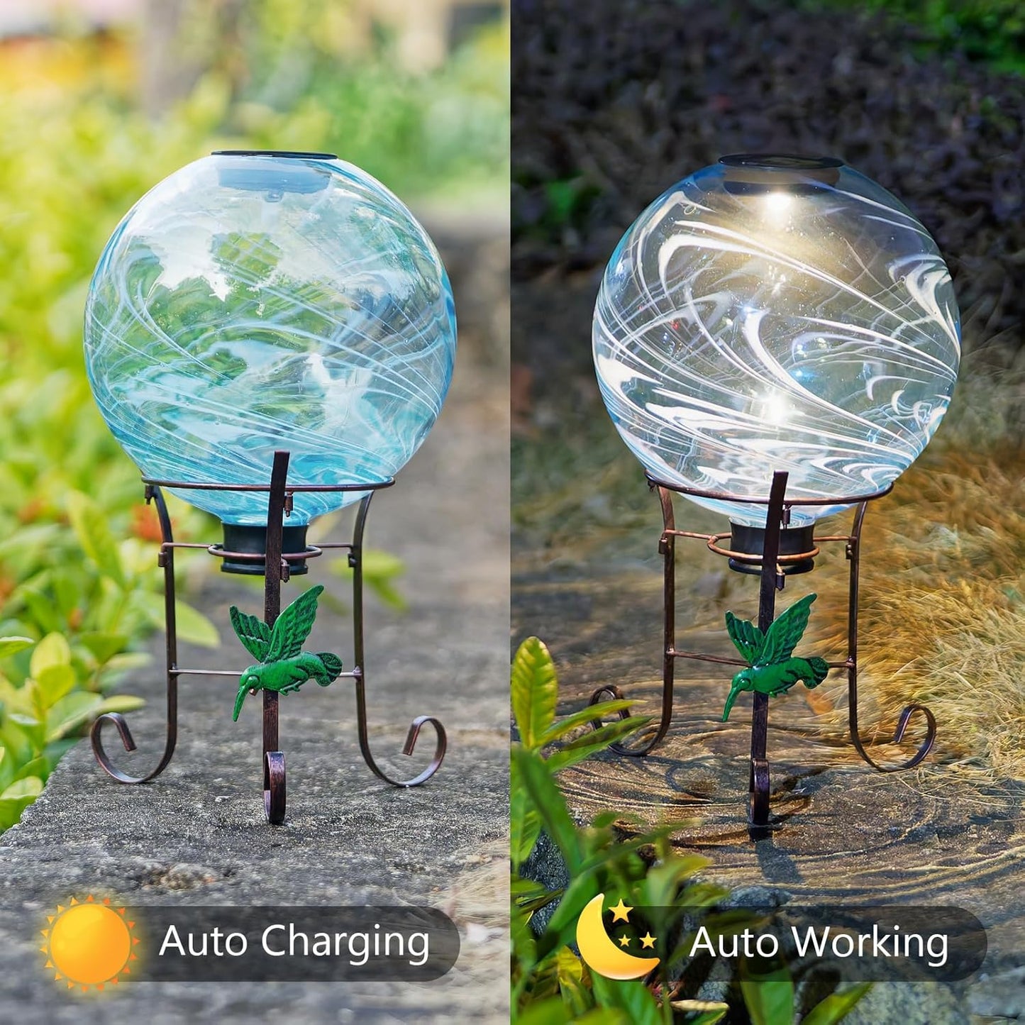 10 Inch Solar Glass Gazing Ball, with 9.4" Tall Metal Gazing Globe Stand, Solar Ball Lights Display Holder Set for Outdoor Garden Lawn Yard Decoration, Blue Water Ripple