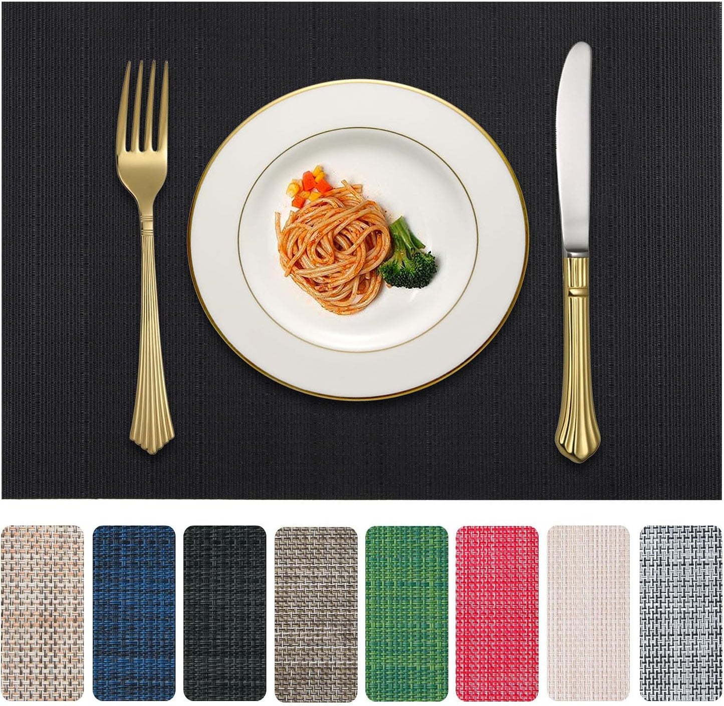 Vinyl Placemats Set of 8, PVC Woven Washable Non-Slip Table Mats, Heat Resistant Wrinkle Free Place Mats for Dining Table, Easy to Clean (8, Black)