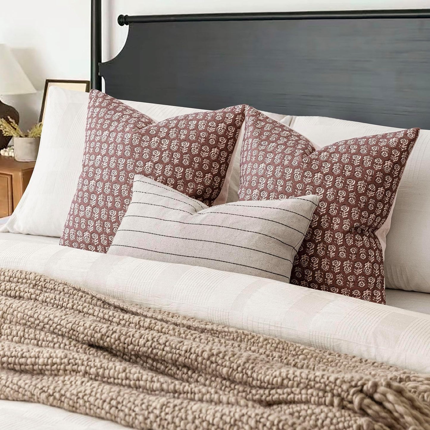 Foindtower Set of 2 Decorative Vintage Floral Print Throw Pillow Covers Neutral Modern Farmhouse Cushion Covers Boho Home Decor for Sofa Couch Chair Bedroom Living Room Outdoor,24×24 Inch,Wine Red