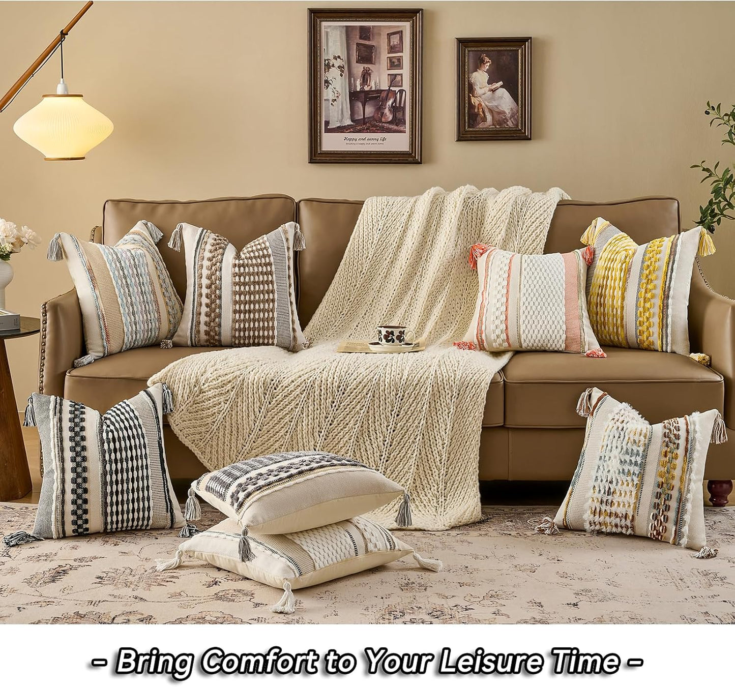 AmHoo Set of 2 Chenille Striped Textured Boho Throw Pillow Covers Aesthetic with Tassels Woven Decorative Pillow Case for Couch Bed Sofa Bedroom Modern Funky 18 x 18-Inch White Orange