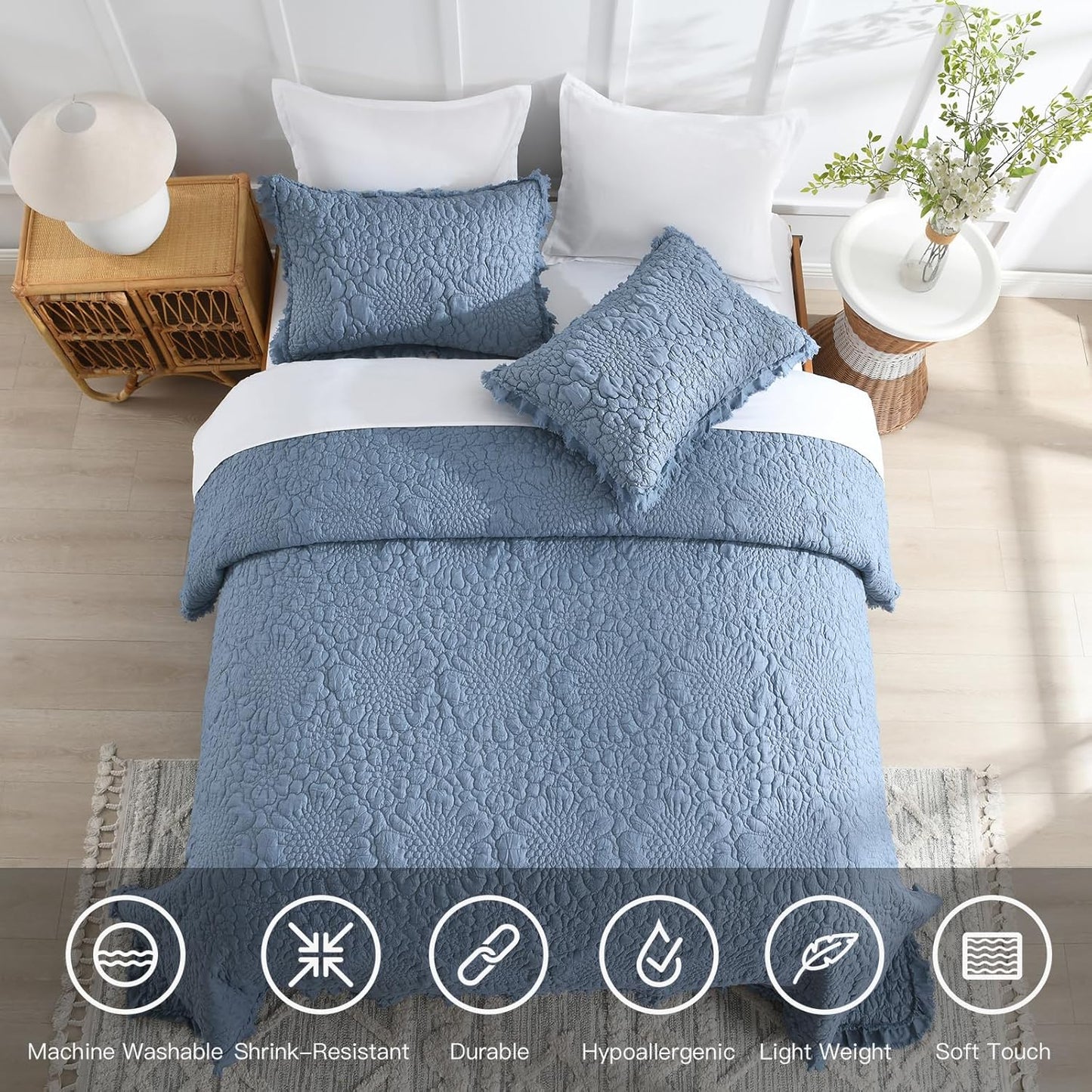 HORIMOTE HOME Blue Ruffled Quilt Twin Size, Stone-Washed Microfiber Lightweight Crinkled Farmhouse Rustic Shabby Chic Bedding Set, 2 Pieces Reversible Bedspread with Pillow Sham for All Season