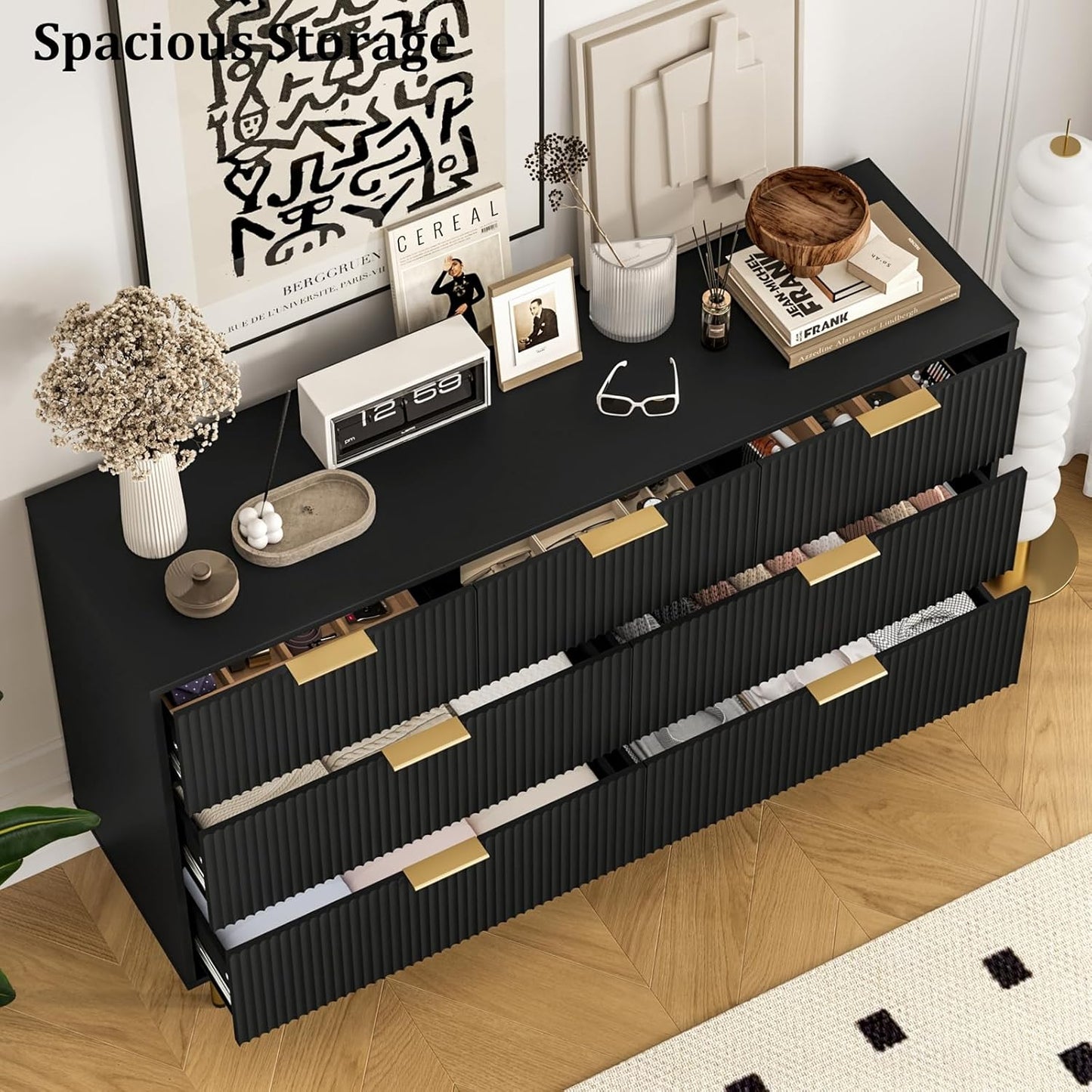 7 Drawers Dresser for Bedroom, Fluted Dresser Chest of Drawers with Gold Handle, Wood Modern Dressers for Closet, Bedroom Furniture Storage Organizer for Living Room, Hallway