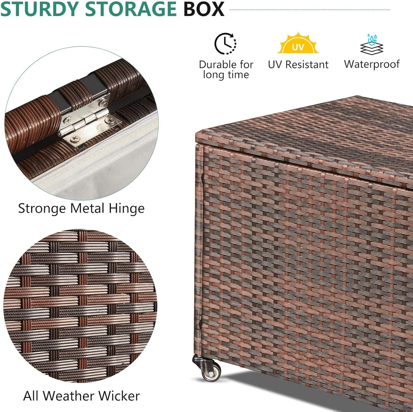 HOMREST Large Deck Box, Outdoor Wicker Storage Container with 70 Gallon, Patio Rattan Furniture for Garden Tools, Pillows, Pool, Brown