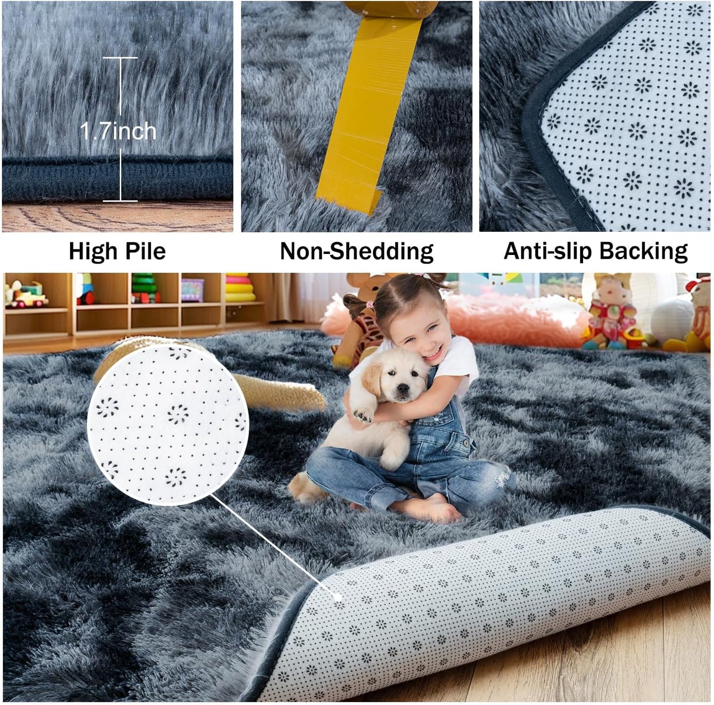 Rezutan 8x10 Rugs for Living Room, Large Comfy Modern Shaggy Rug Fuzzy Kids, Plush Indoor Nursery Classroom Home Decor Bedside with Non-Slip Bottom, Blue Gray, 8 X 10 Feet