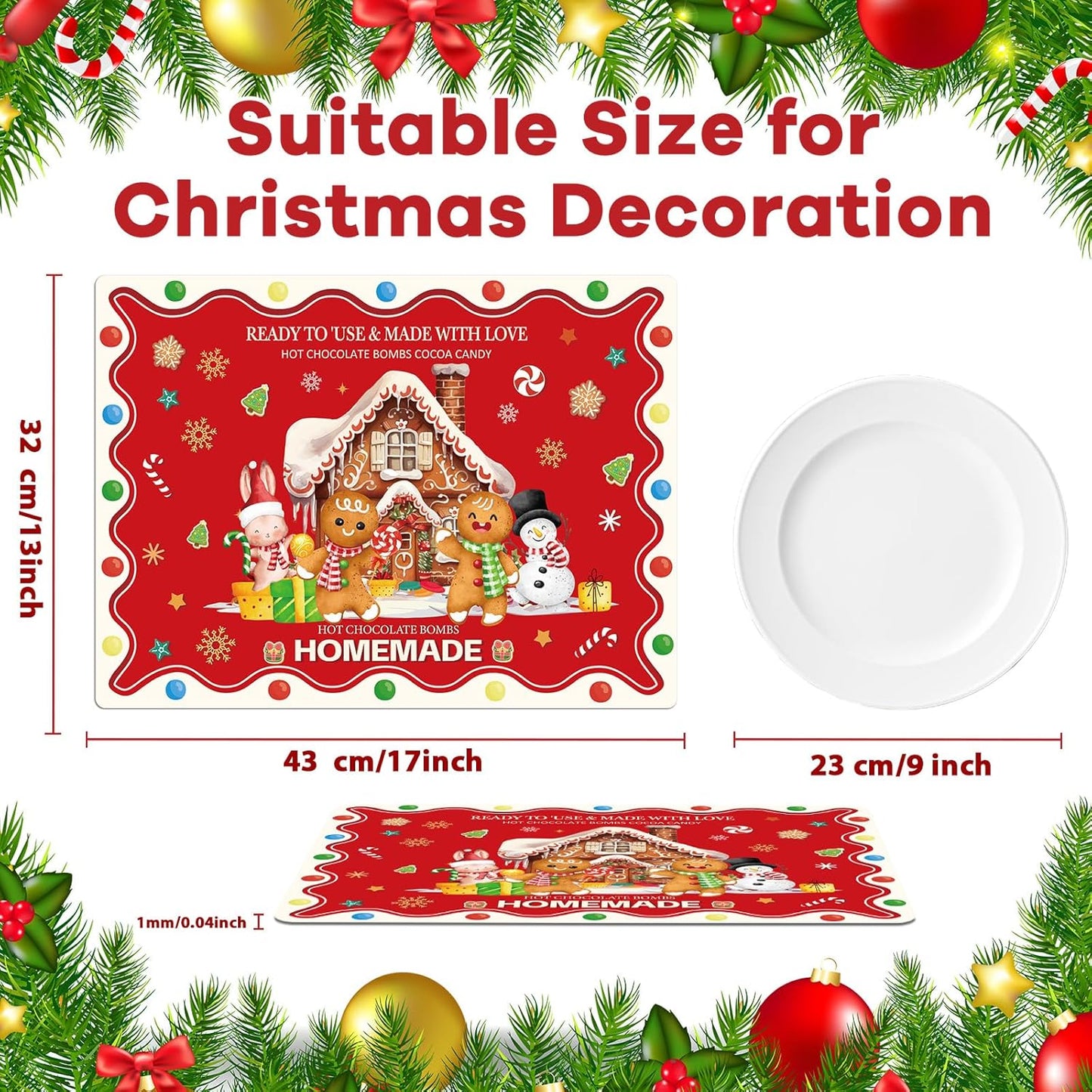 Christmas Placemats Set of 6 Christmas Retro Gingerbread Plastic Table Mats Xmas Bakery Gingerbread House Place Mats Winter Holiday Table Decoration for Indoor Outdoor Party Kitchen Dining
