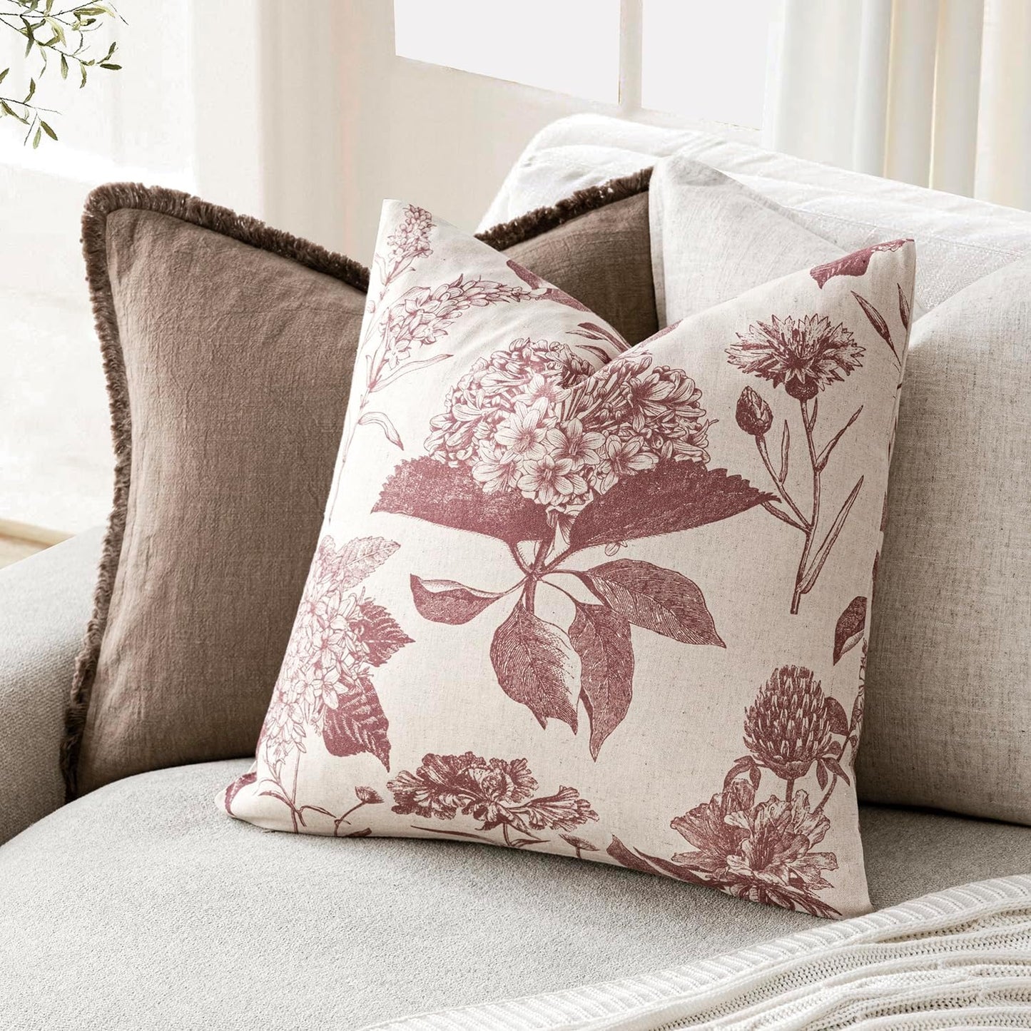 Foindtower Set of 2 Linen Floral Vintage Throw Pillow Covers Neutral Accent Print Decorative Cushion Covers Farmhouse Home Decor for Sofa Chair Couch Bedroom Living Room Outdoor,22×22 Inch,Dark Pink