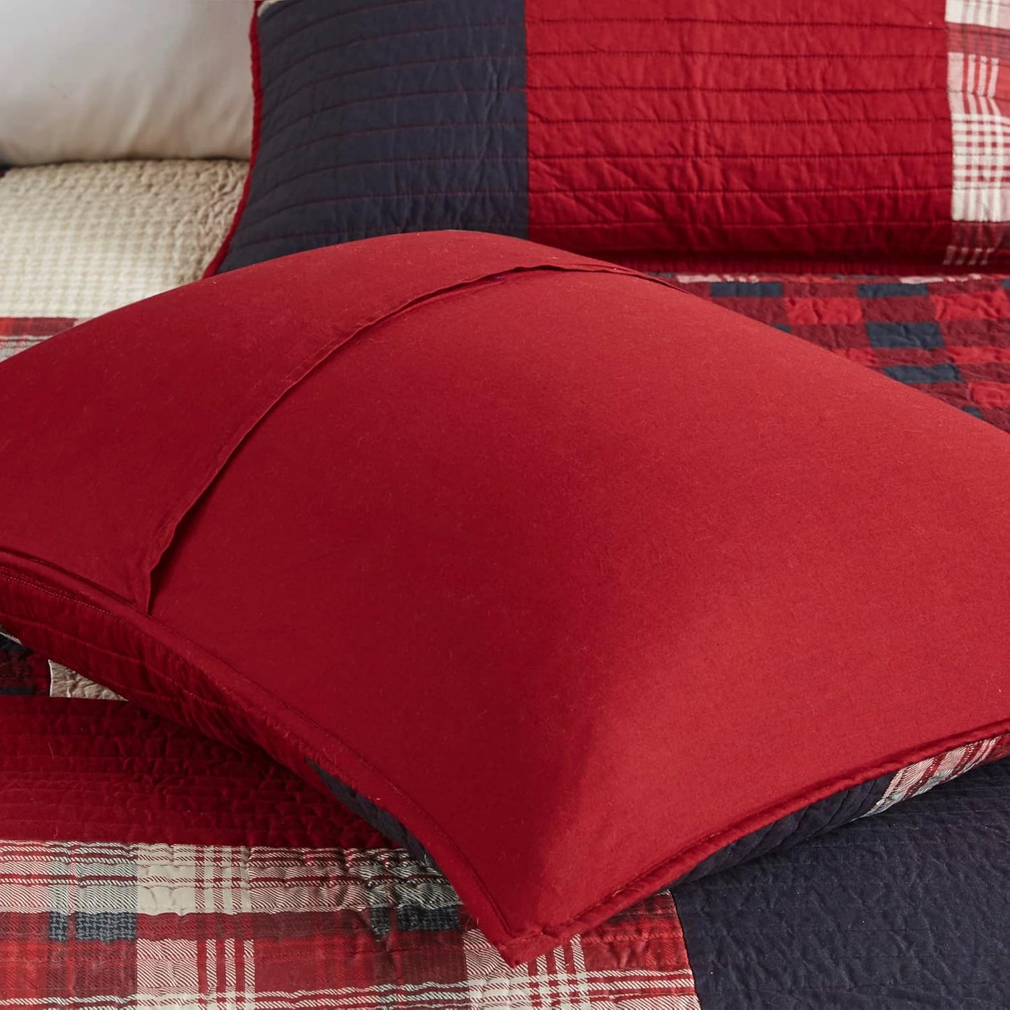 Woolrich Sunset Reversible Quilt Set - Cottage Styling Reversed to Solid Color, All Season Lightweight Coverlet, Cozy Bedding Layer, Matching Shams, Oversized Full/Queen, Plaid Red 3 Piece