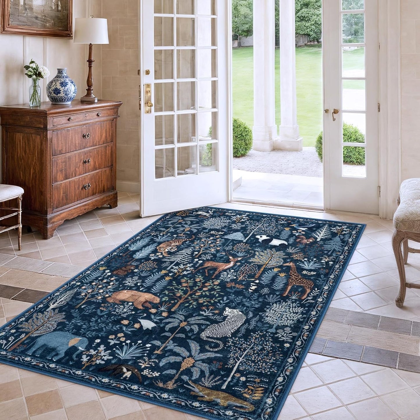 OJIA Jungle Print Blue 5x7 Rugs for Living Room, Soft Ultra-Thin Washable Area Rugs for Bedroom Non-Slip Modern Entryway Rug Non Shedding Indoor Carpet Kids Rugs for Playroom Nursery Classroom
