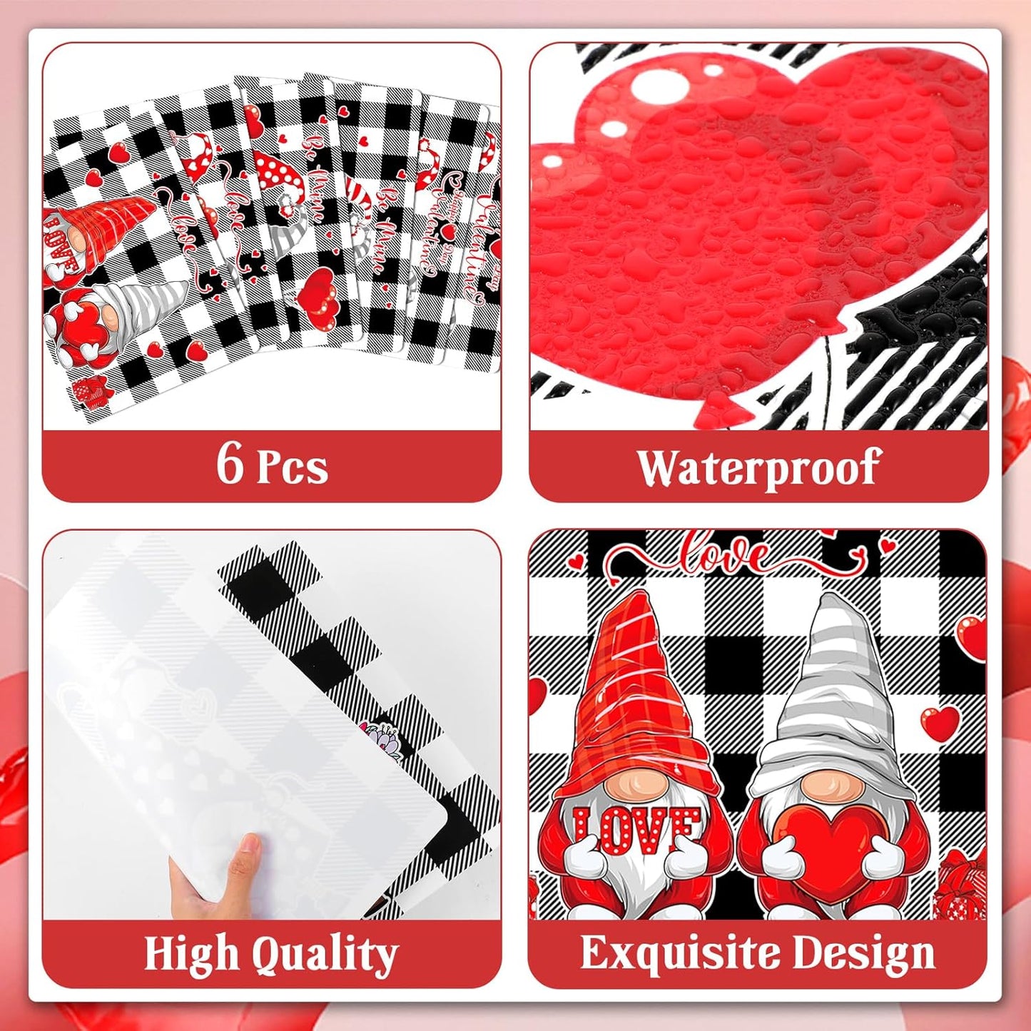 Valentine's Day Placemats Set of 6 Gnomes Plastic Table Mats Buffalo Plaid Place Mats Washable Vinyl Love Hearts Table Decoration for Anniversary Wedding Party Kitchen Dining Table