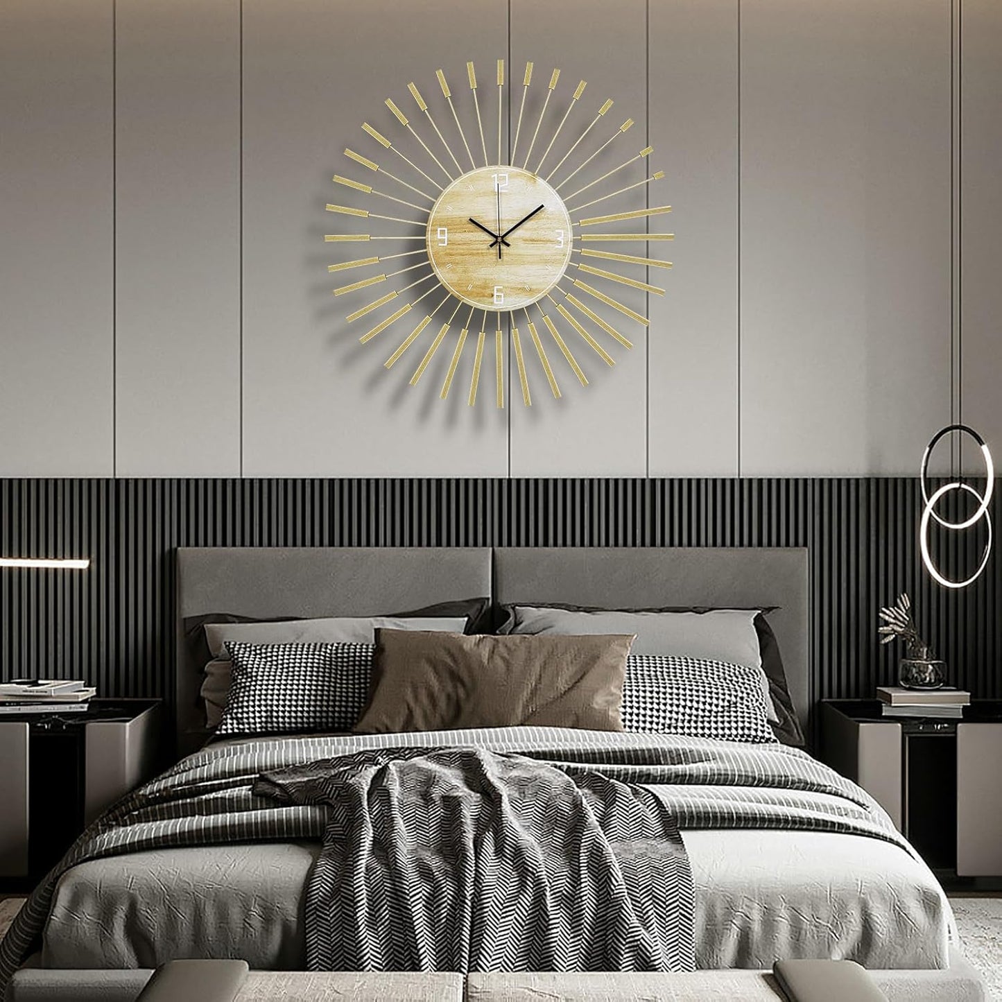 Large Starburst Wall Clock Mid Century Battery Operated Sunburst Clock Modern Wall Clocks Round Gold Wall Clock Non-Ticking Clock for Living Room Bedroom Kitchen Office-23.6inch